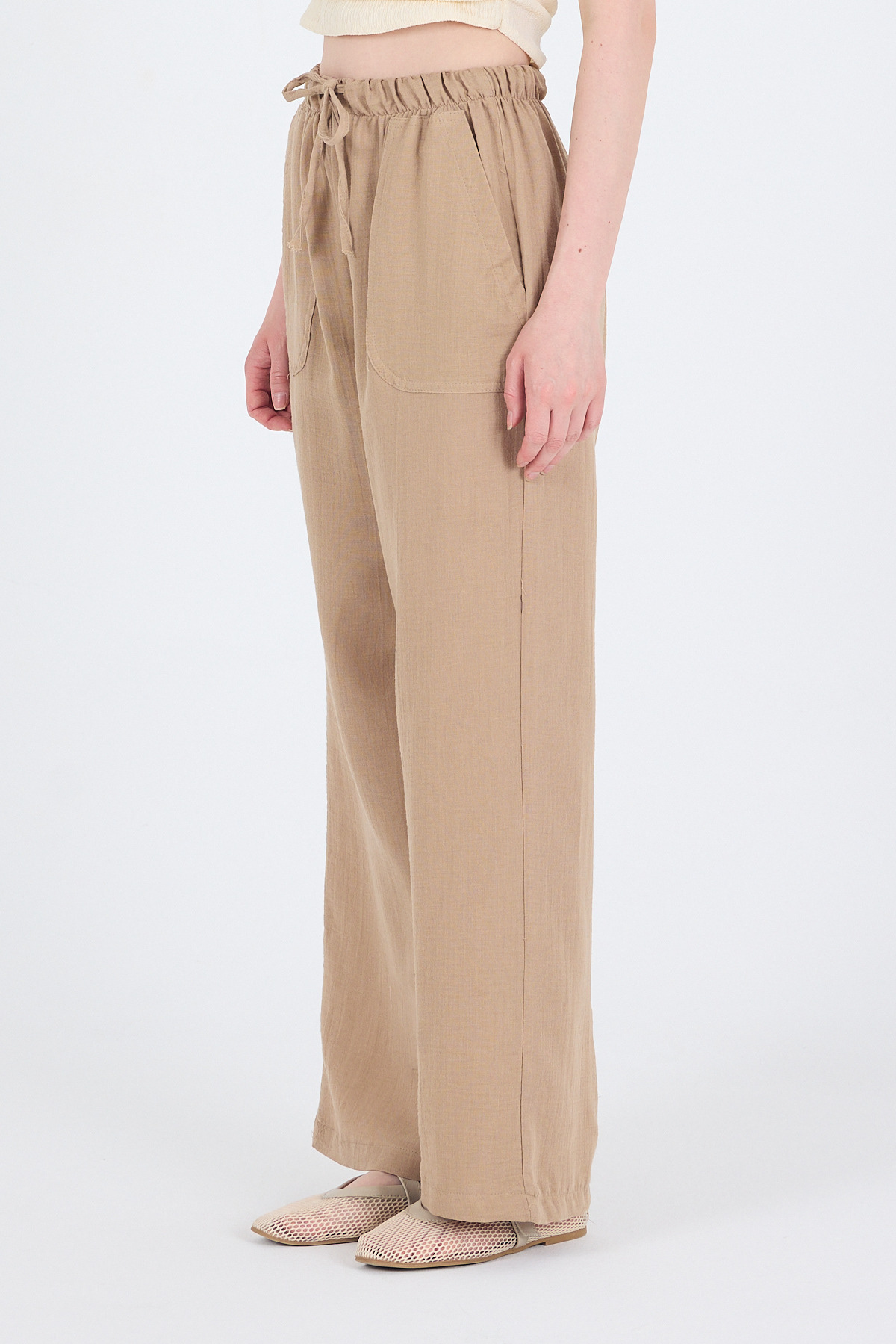 Vizon Keten Görünümlü %100 Pamuk Cepli Bol Paça Pantolon 8054A - 5