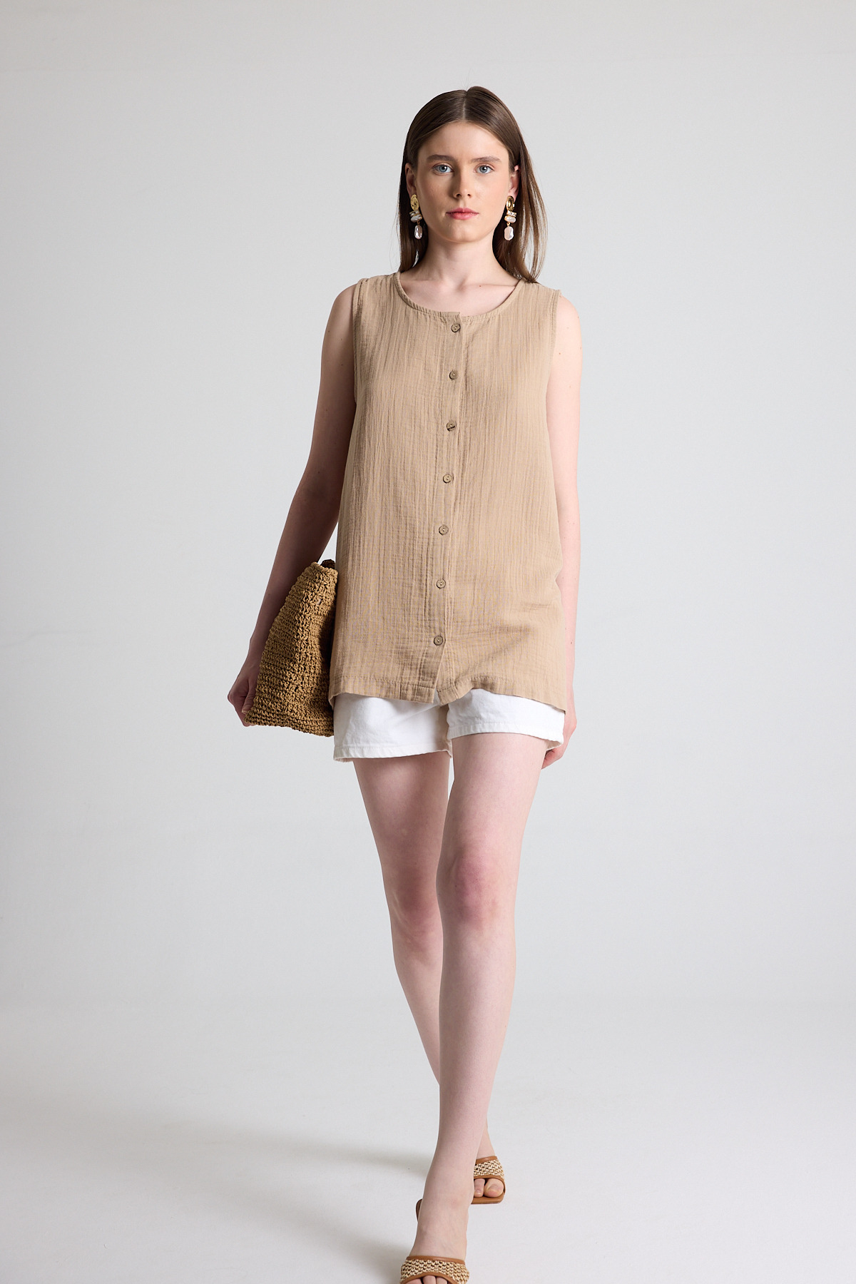 Vizon Keten Görünümlü %100 Pamuk Düğmeli Kolsuz Bluz 4808A 