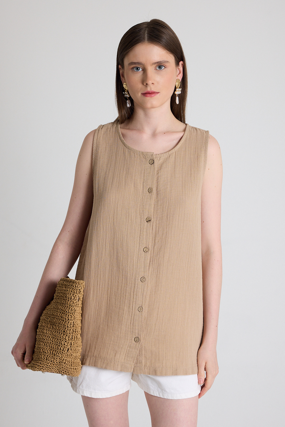 Vizon Keten Görünümlü %100 Pamuk Düğmeli Kolsuz Bluz 4808A - 2