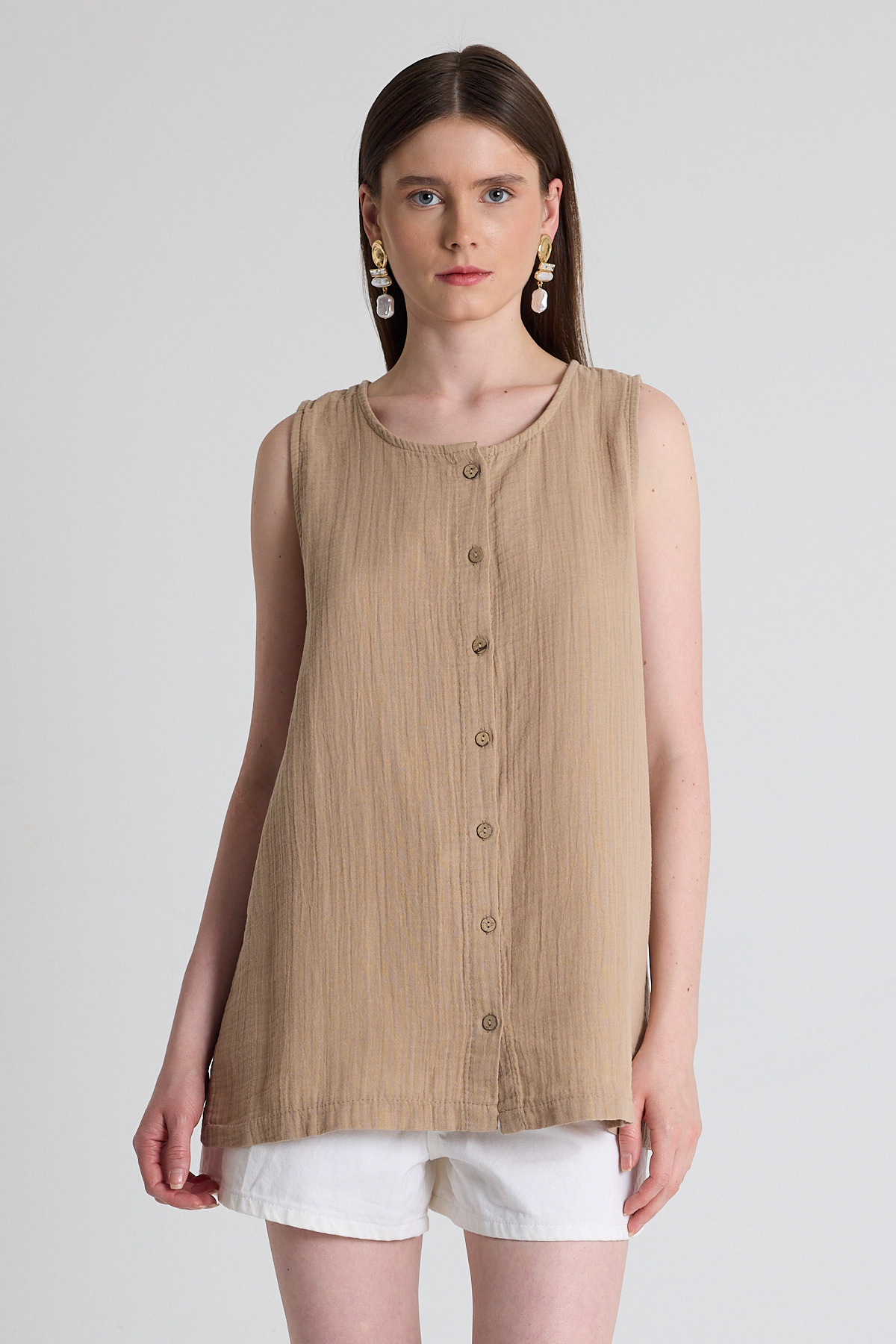 Vizon Keten Görünümlü %100 Pamuk Düğmeli Kolsuz Bluz 4808A - 3