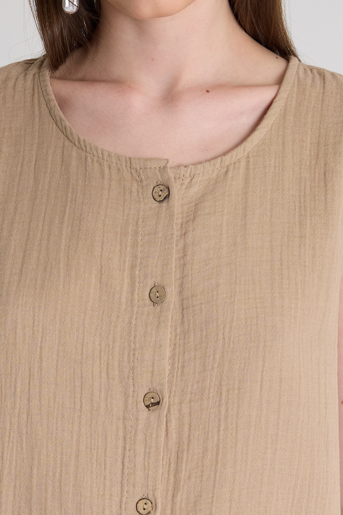 Vizon Keten Görünümlü %100 Pamuk Düğmeli Kolsuz Bluz 4808A - 4