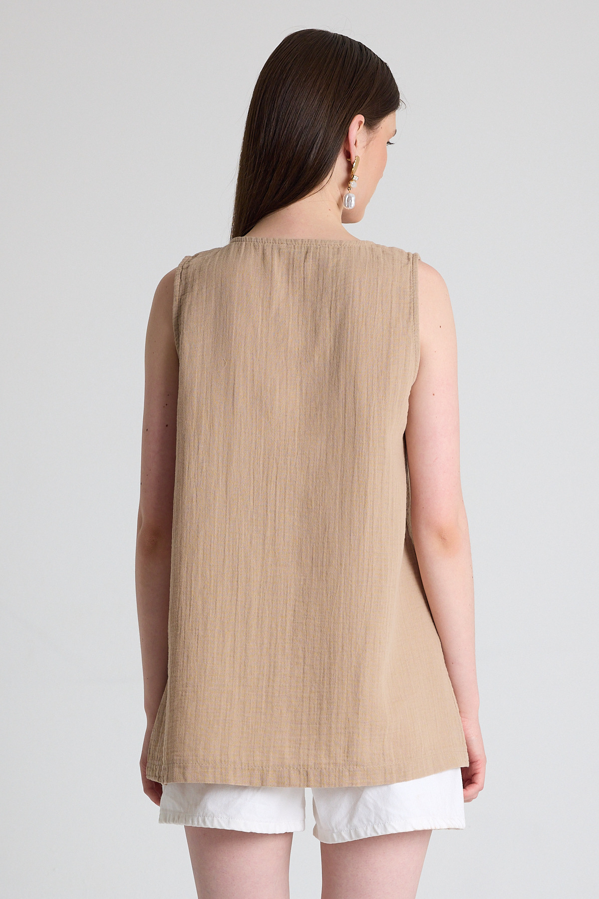 Vizon Keten Görünümlü %100 Pamuk Düğmeli Kolsuz Bluz 4808A - 5