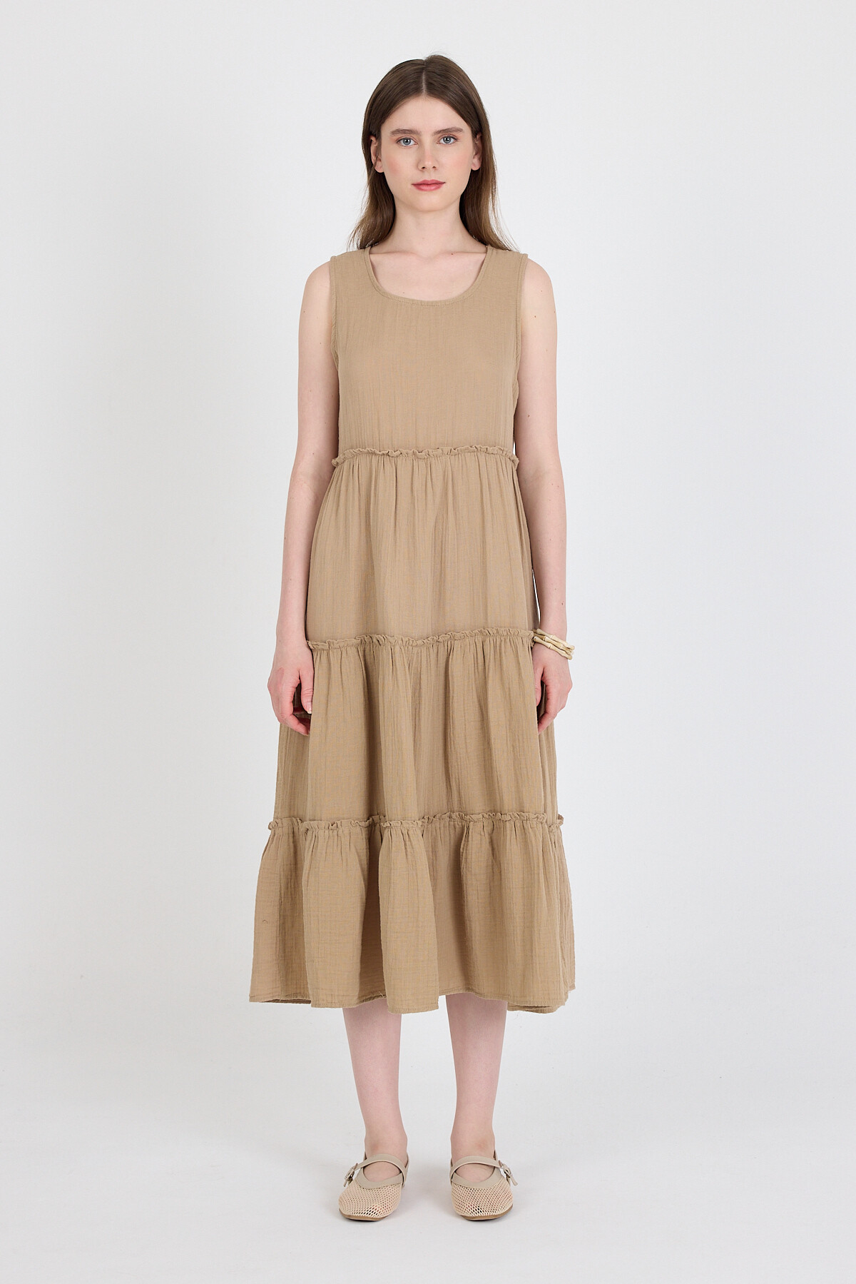 Vizon Keten Görünümlü %100 Pamuk Fırfır Detaylı Kolsuz Midi Elbise 4738A - RAYS