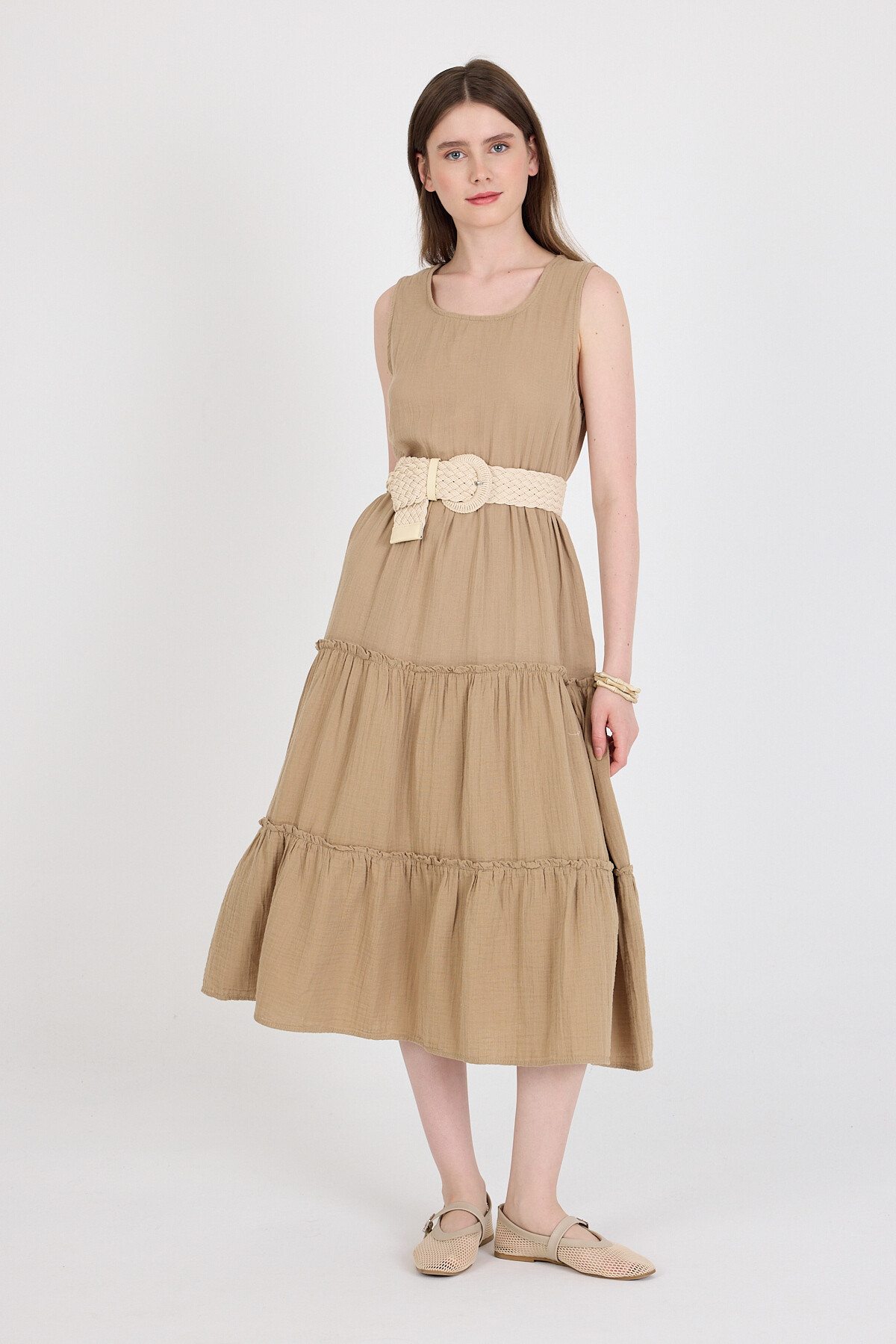 Vizon Keten Görünümlü %100 Pamuk Fırfır Detaylı Kolsuz Midi Elbise 4738A - RAYS