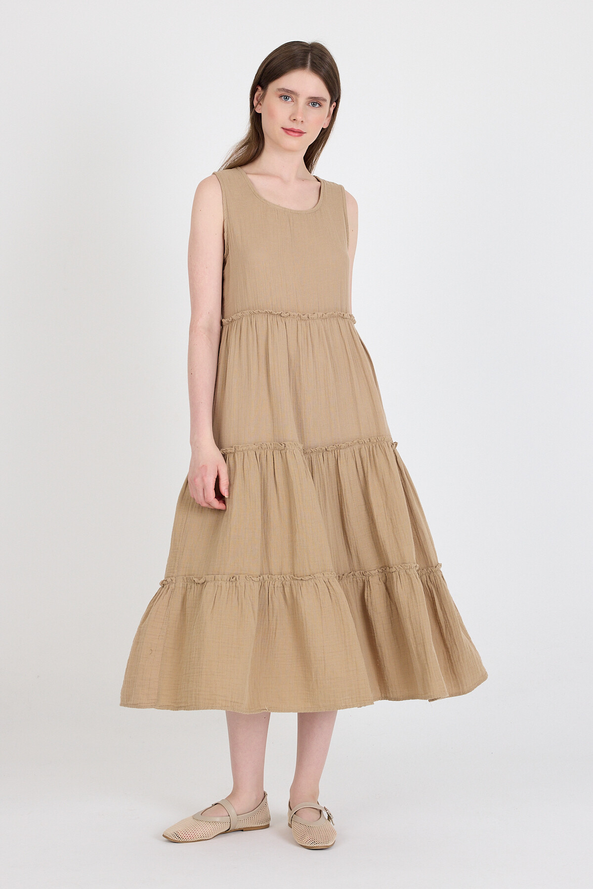 Vizon Keten Görünümlü %100 Pamuk Fırfır Detaylı Kolsuz Midi Elbise 4738A - 6