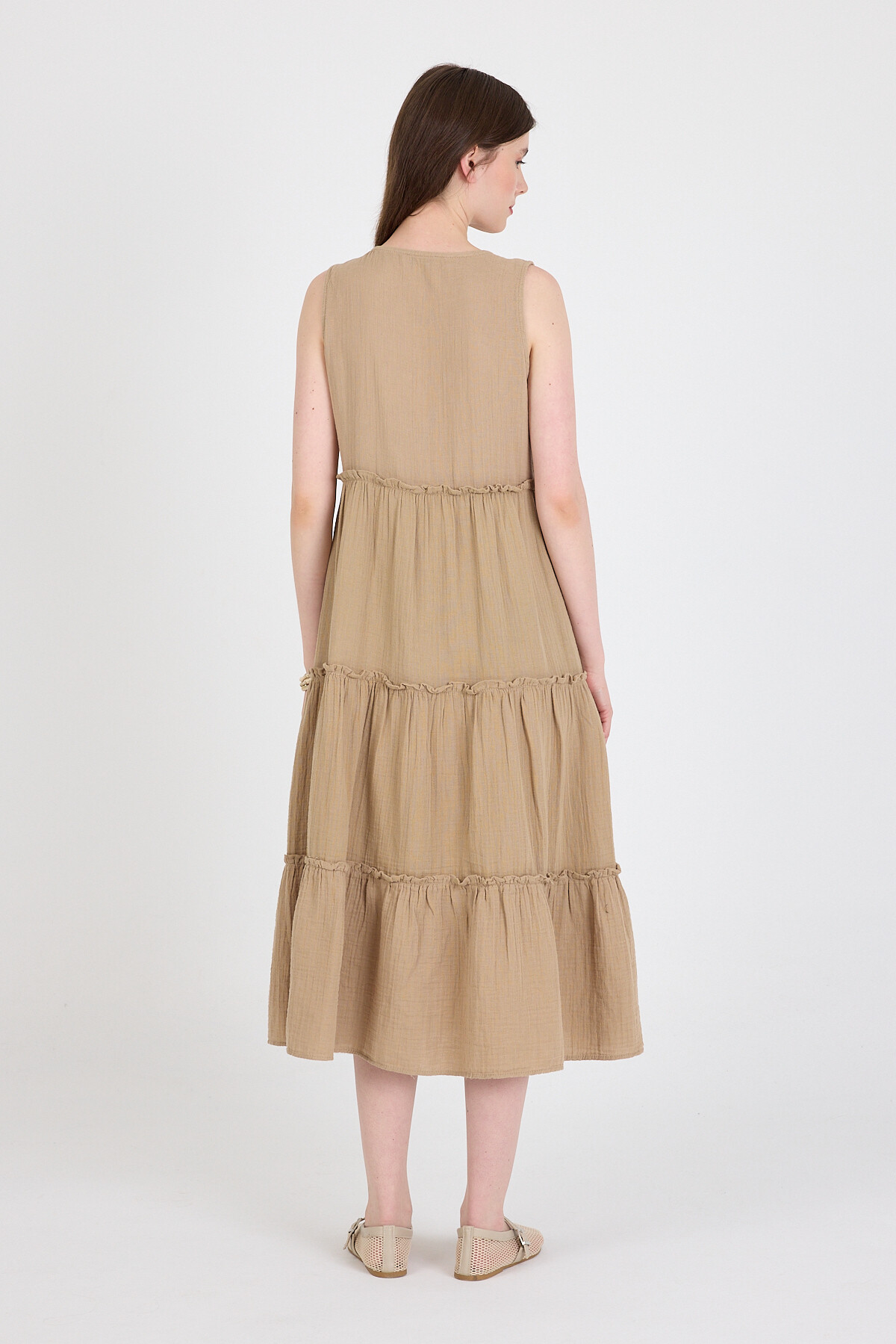 Vizon Keten Görünümlü %100 Pamuk Fırfır Detaylı Kolsuz Midi Elbise 4738A - 5