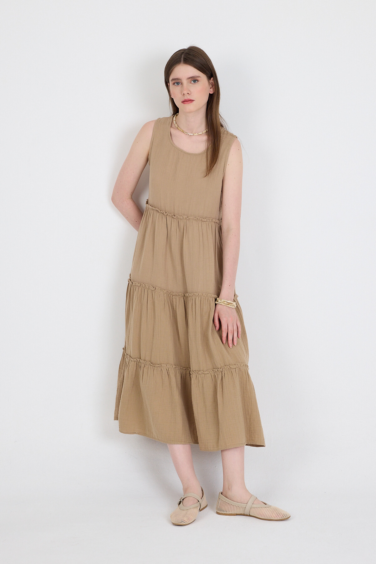 Vizon Keten Görünümlü %100 Pamuk Fırfır Detaylı Kolsuz Midi Elbise 4738A - 7