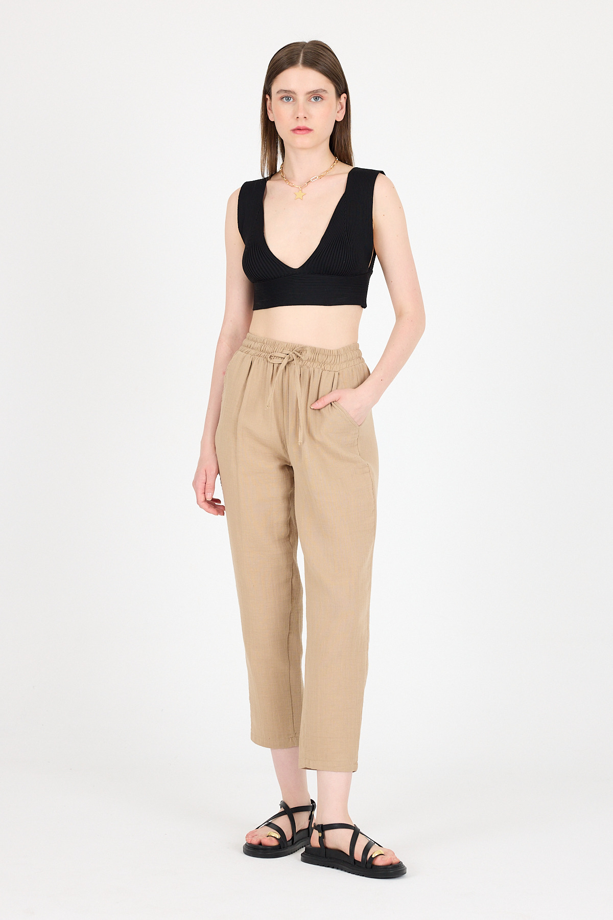 Vizon Müslin %100 Pamuk Beli Lastikli Pantolon 8055A - RAYS