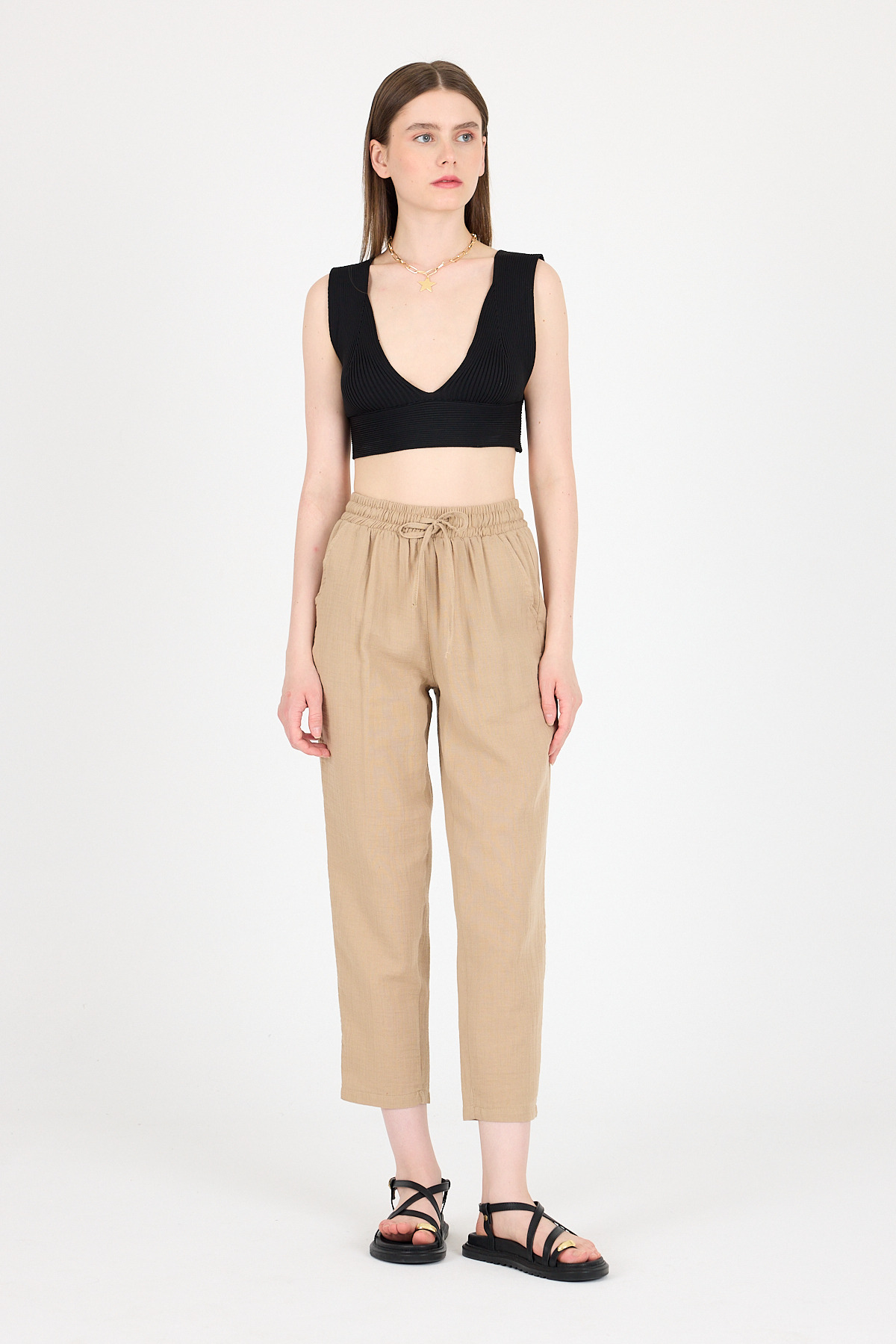 Vizon Müslin %100 Pamuk Beli Lastikli Pantolon 8055A - 3