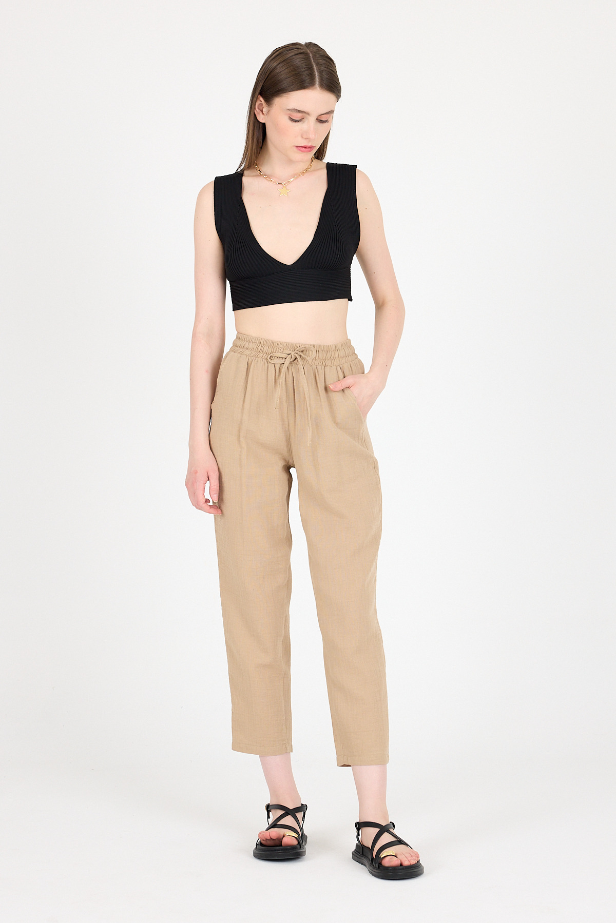 Vizon Müslin %100 Pamuk Beli Lastikli Pantolon 8055A - 6