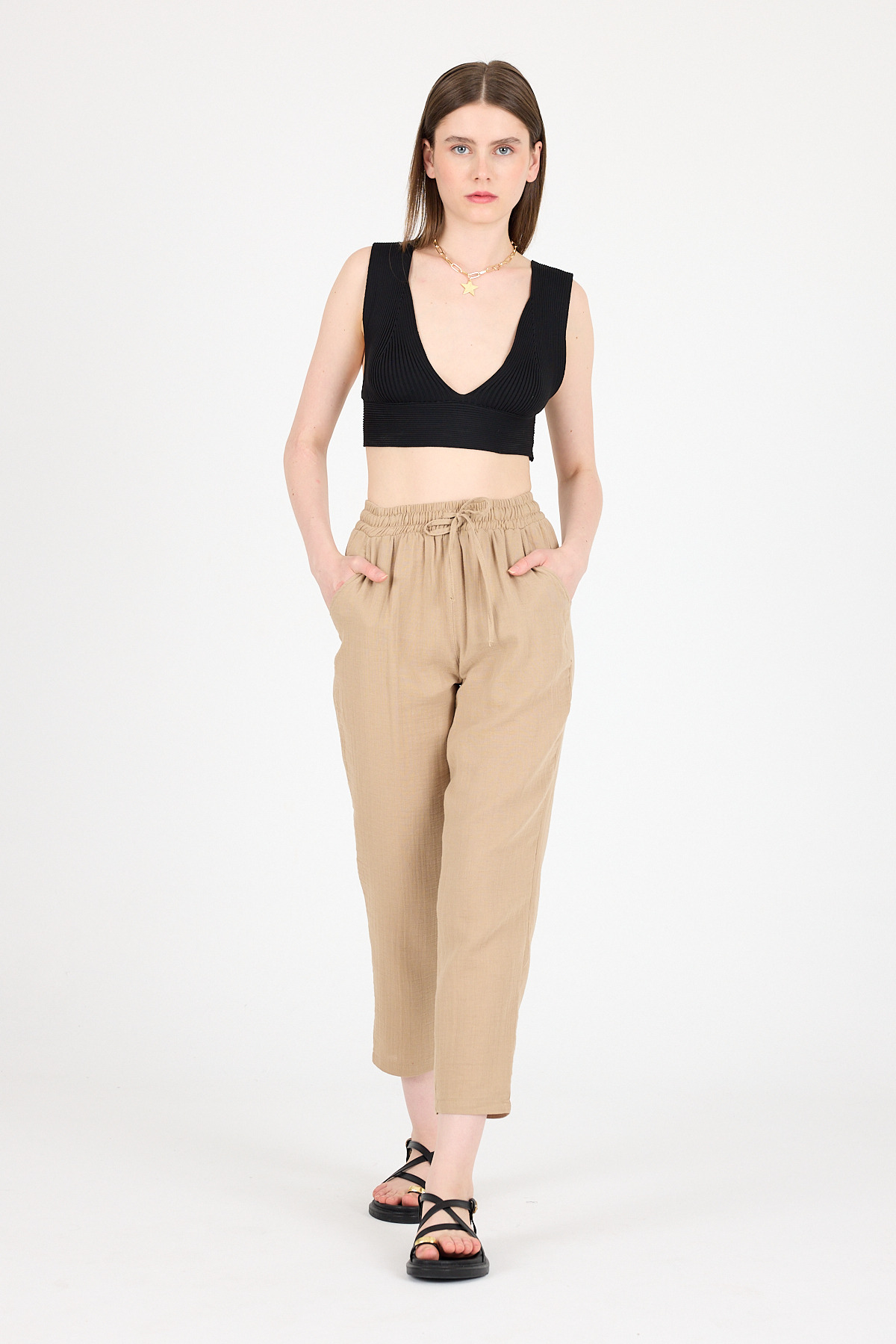 Vizon Müslin %100 Pamuk Beli Lastikli Pantolon 8055A - 2