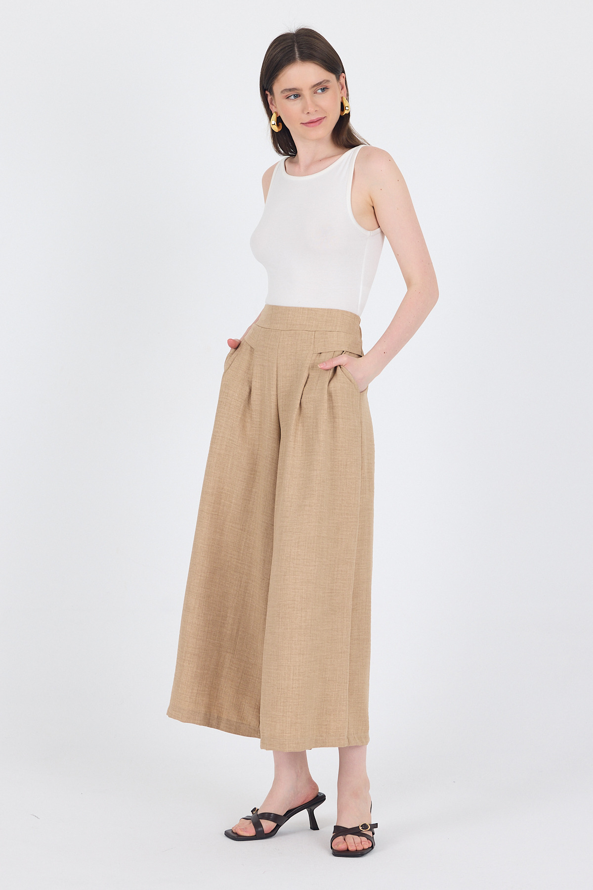 Vizon Pamuklu Keten Dokulu Yüksek Bel Pilili Palazzo Pantolon 4819A - RAYS