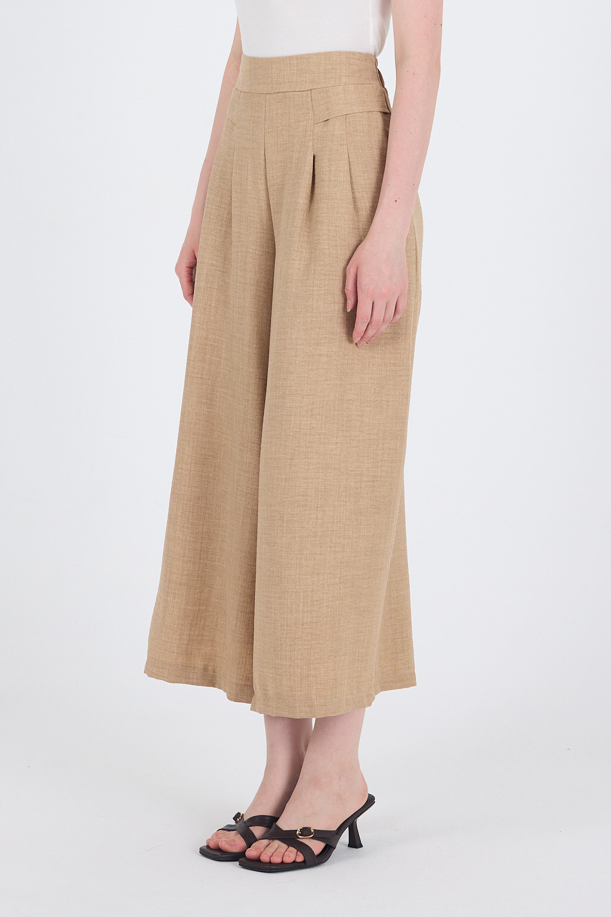 Vizon Pamuklu Keten Dokulu Yüksek Bel Pilili Palazzo Pantolon 4819A - 5