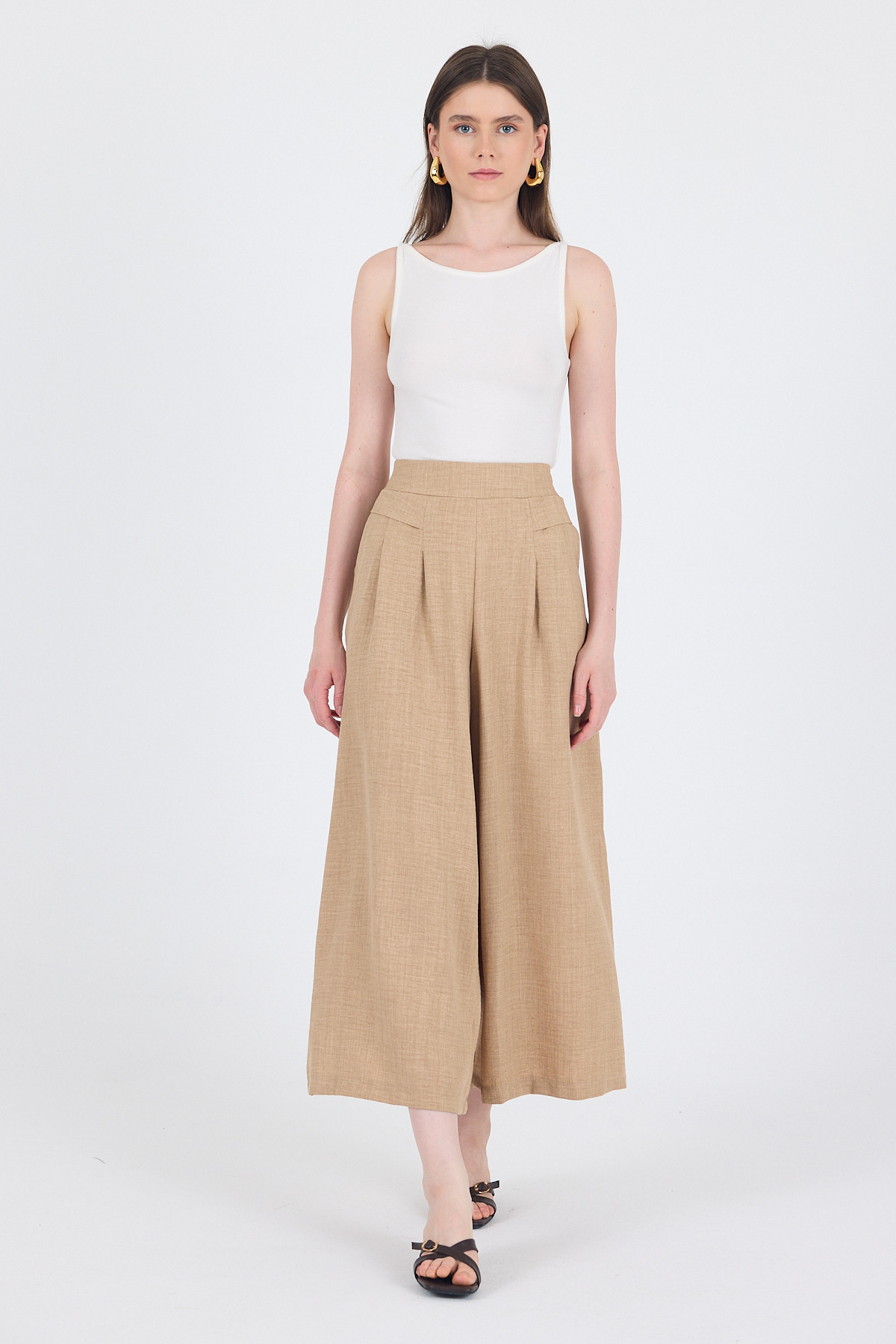 Vizon Pamuklu Keten Dokulu Yüksek Bel Pilili Palazzo Pantolon 4819A - 1