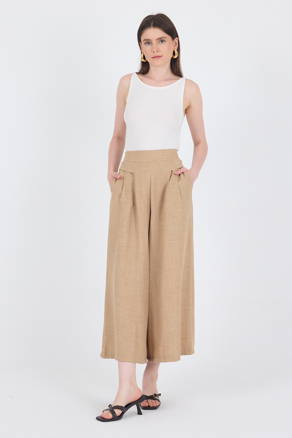 Vizon Pamuklu Keten Dokulu Yüksek Bel Pilili Palazzo Pantolon 4819A - 2