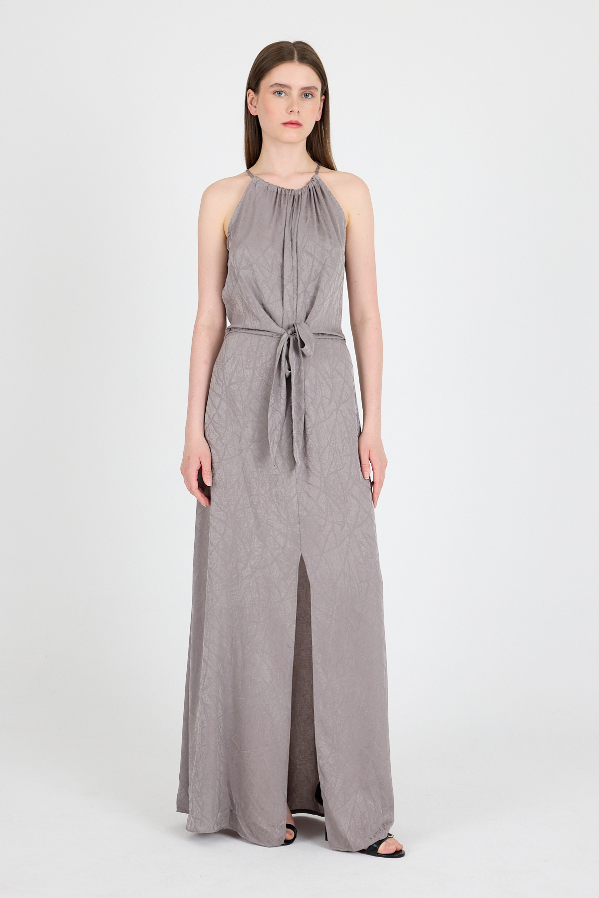 Vizon Yırtmaçlı Bağlama Detaylı Desenli Uzun Elbise 251656 