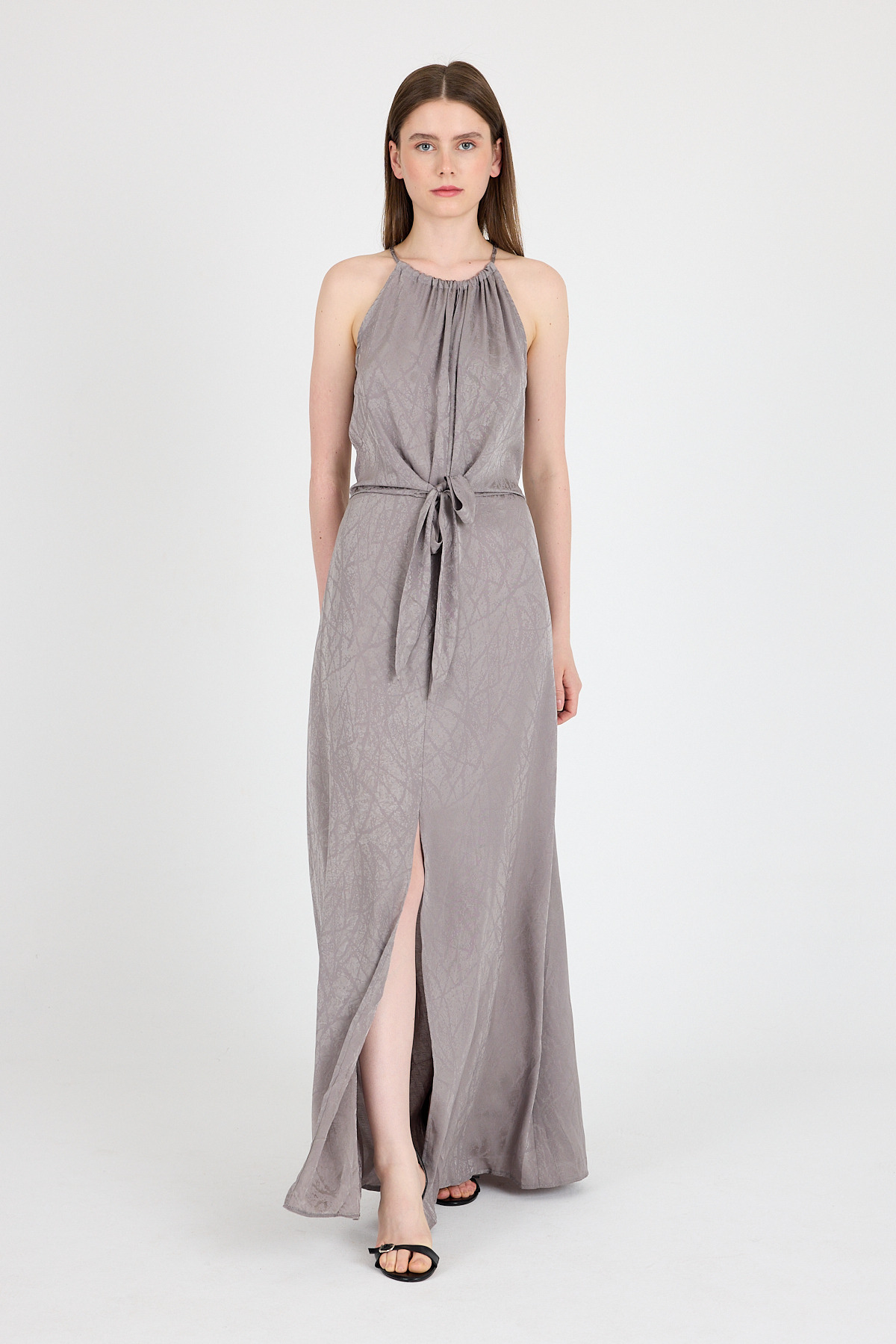 Vizon Yırtmaçlı Bağlama Detaylı Desenli Uzun Elbise 251656 - 2