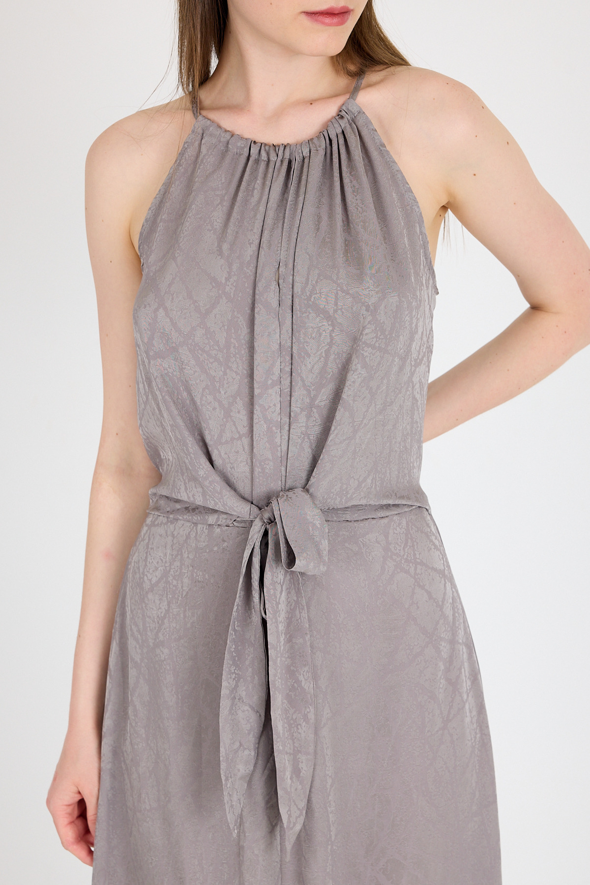 Vizon Yırtmaçlı Bağlama Detaylı Desenli Uzun Elbise 251656 - 4