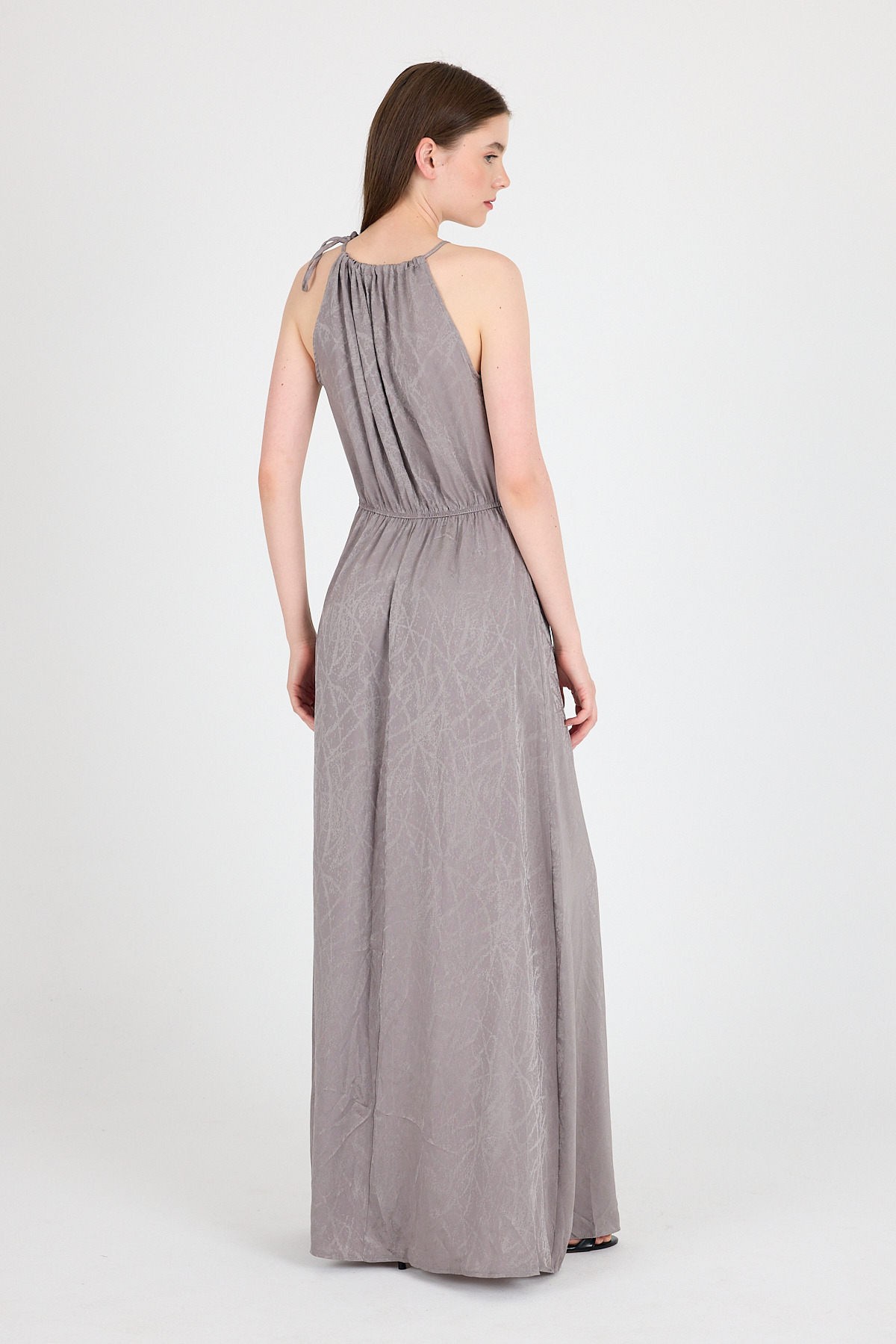 Vizon Yırtmaçlı Bağlama Detaylı Desenli Uzun Elbise 251656 - 5