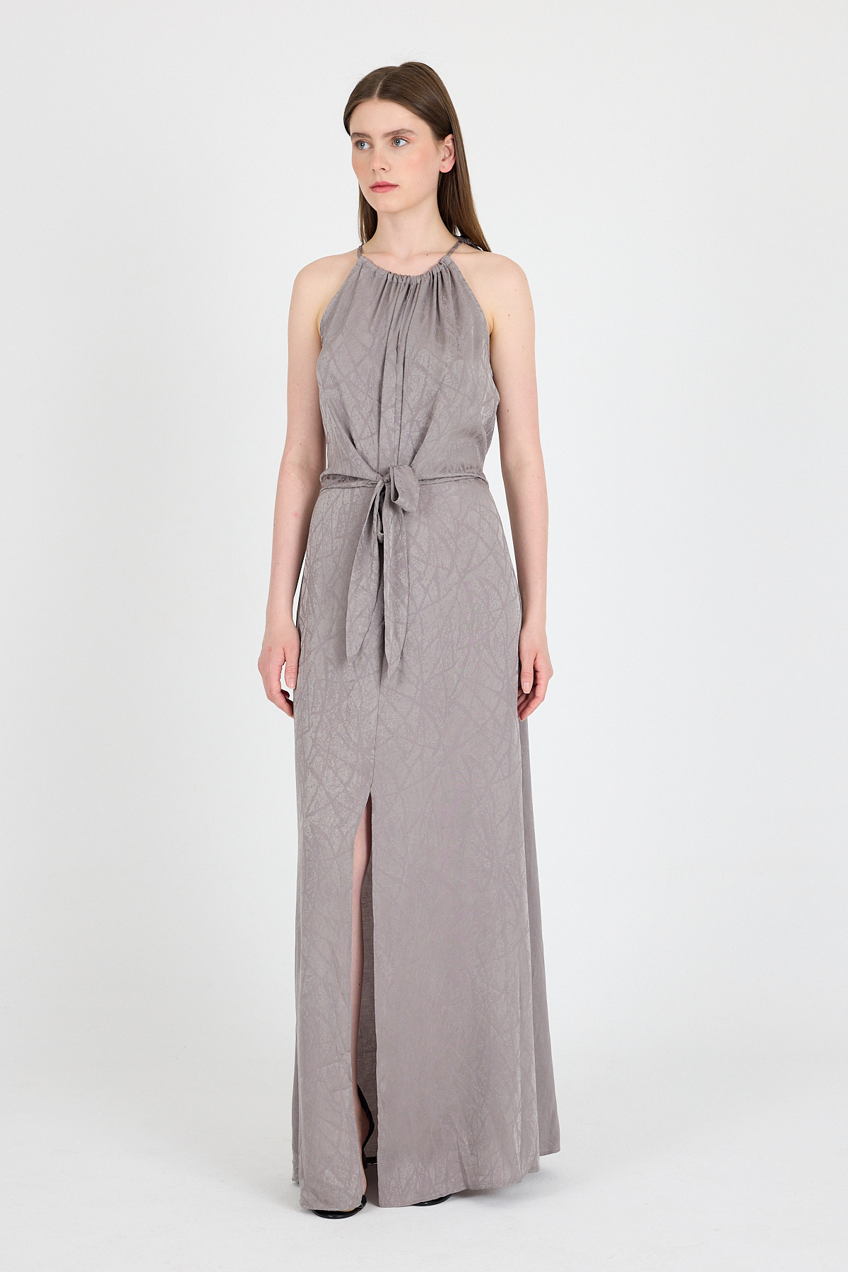 Vizon Yırtmaçlı Bağlama Detaylı Desenli Uzun Elbise 251656 - 6