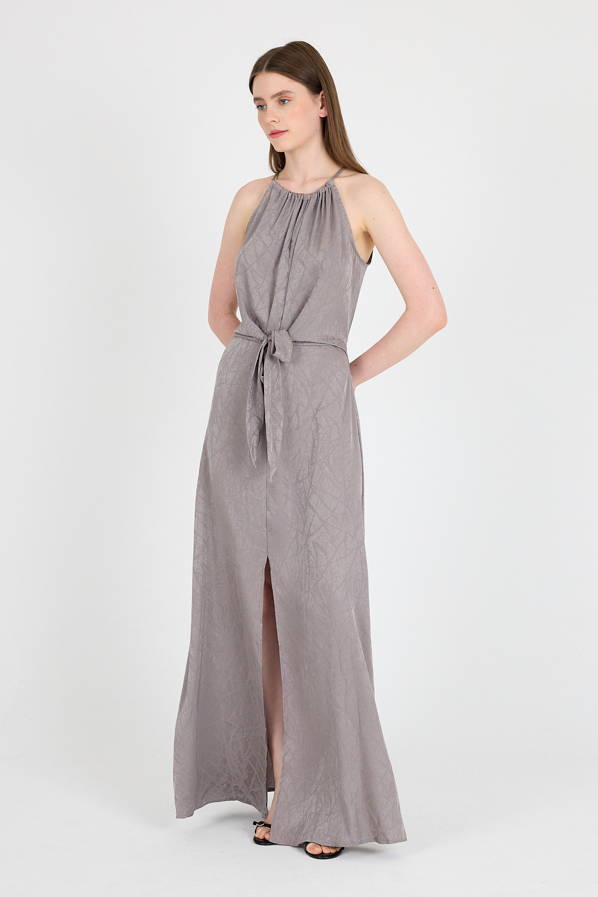 Vizon Yırtmaçlı Bağlama Detaylı Desenli Uzun Elbise 251656 - 3