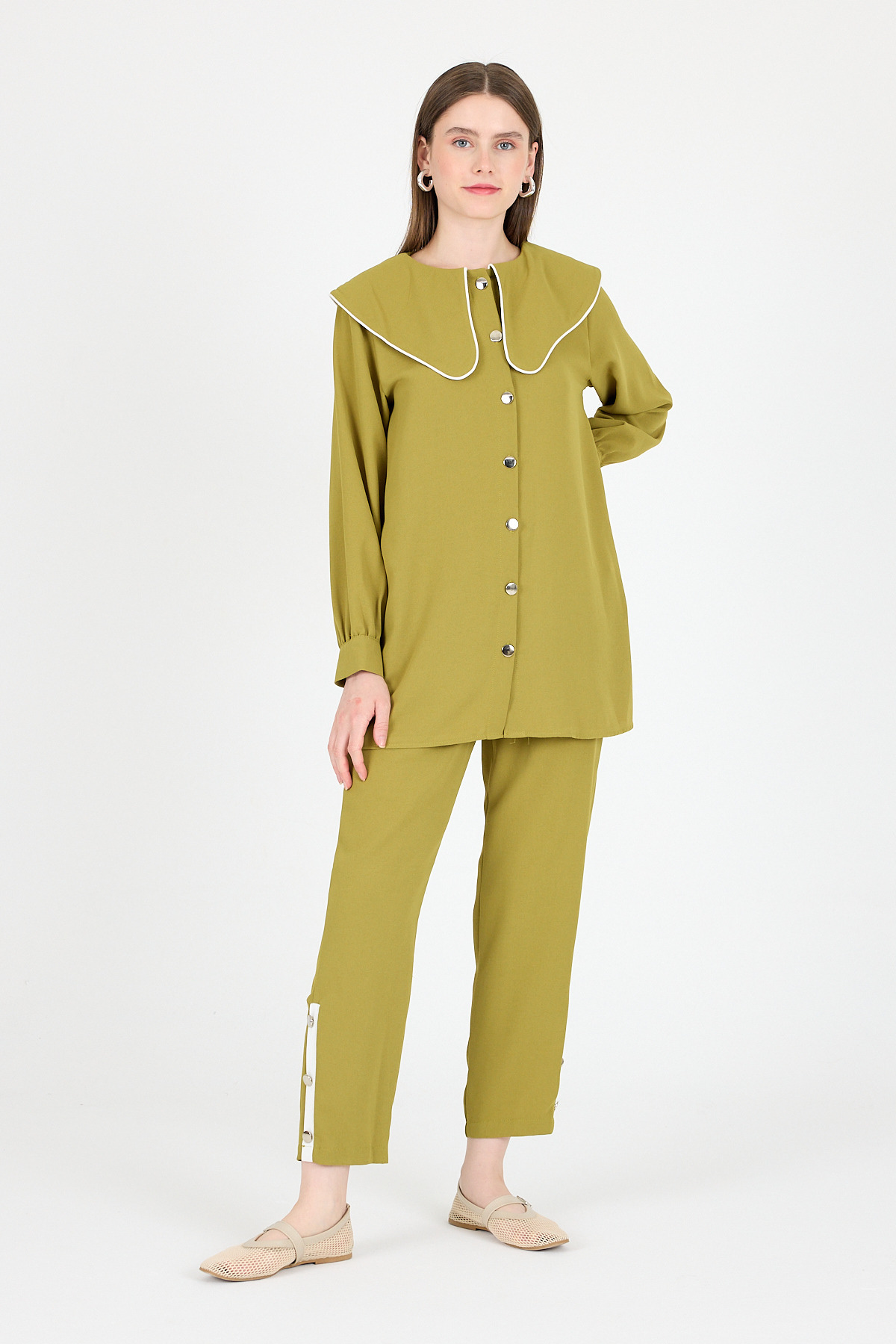 Yağ Yeşili Bebe Yaka Düğmeli Tunik ve Yanı Şerit Detaylı Pantolon Takım 4661A - 2