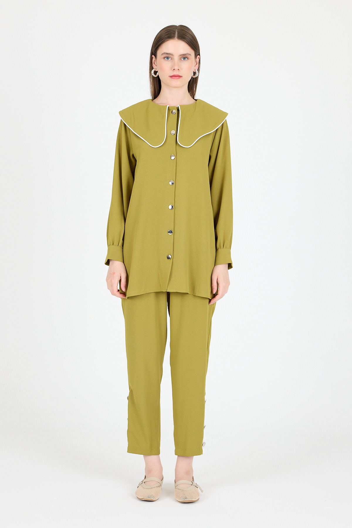Yağ Yeşili Bebe Yaka Düğmeli Tunik ve Yanı Şerit Detaylı Pantolon Takım 4661A - RAYS