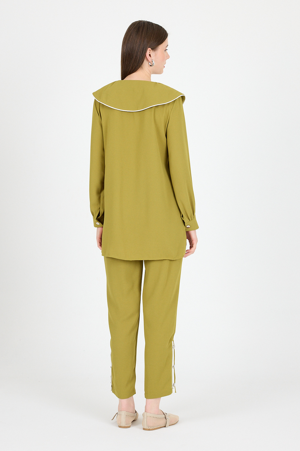 Yağ Yeşili Bebe Yaka Düğmeli Tunik ve Yanı Şerit Detaylı Pantolon Takım 4661A - 5