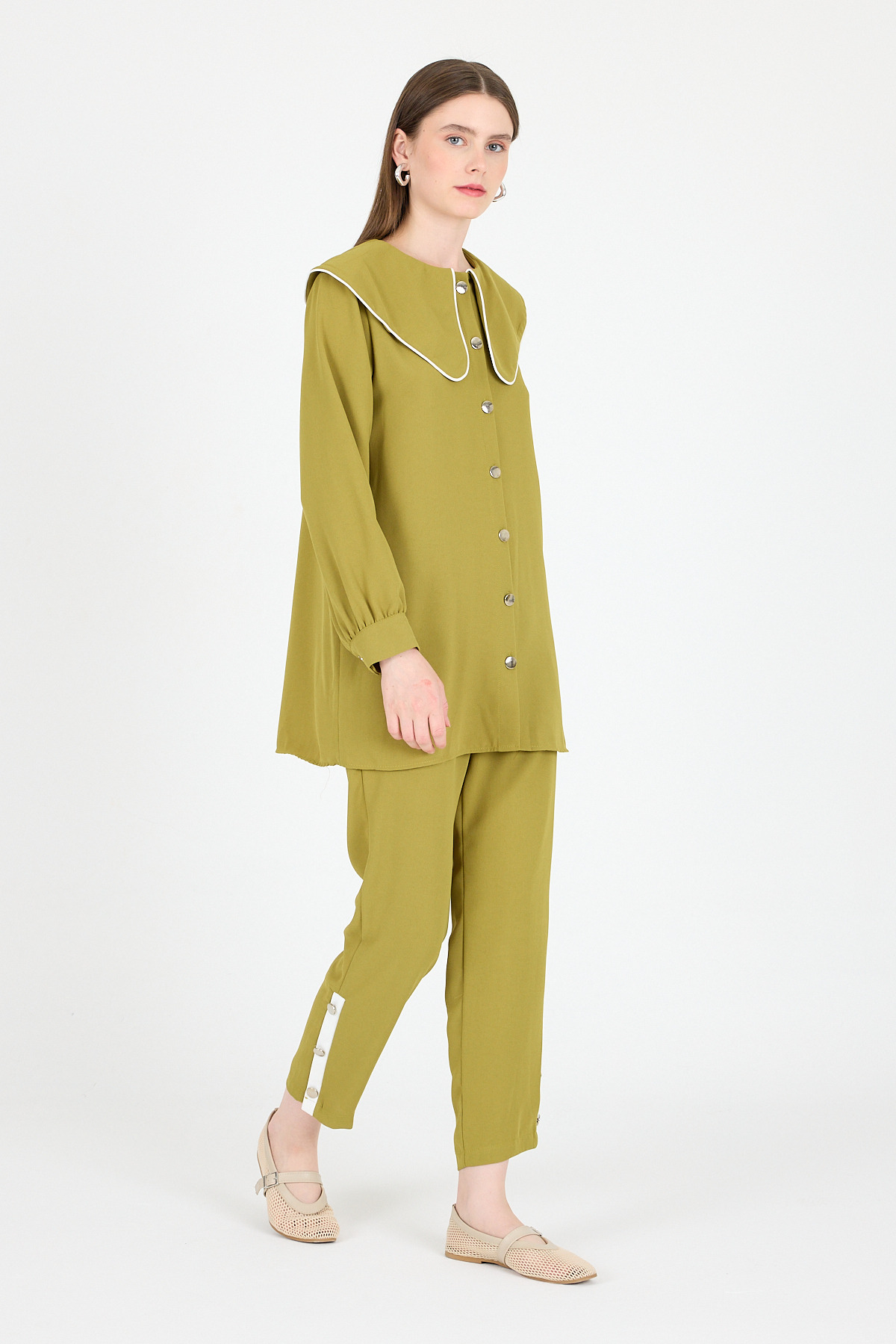 Yağ Yeşili Bebe Yaka Düğmeli Tunik ve Yanı Şerit Detaylı Pantolon Takım 4661A 