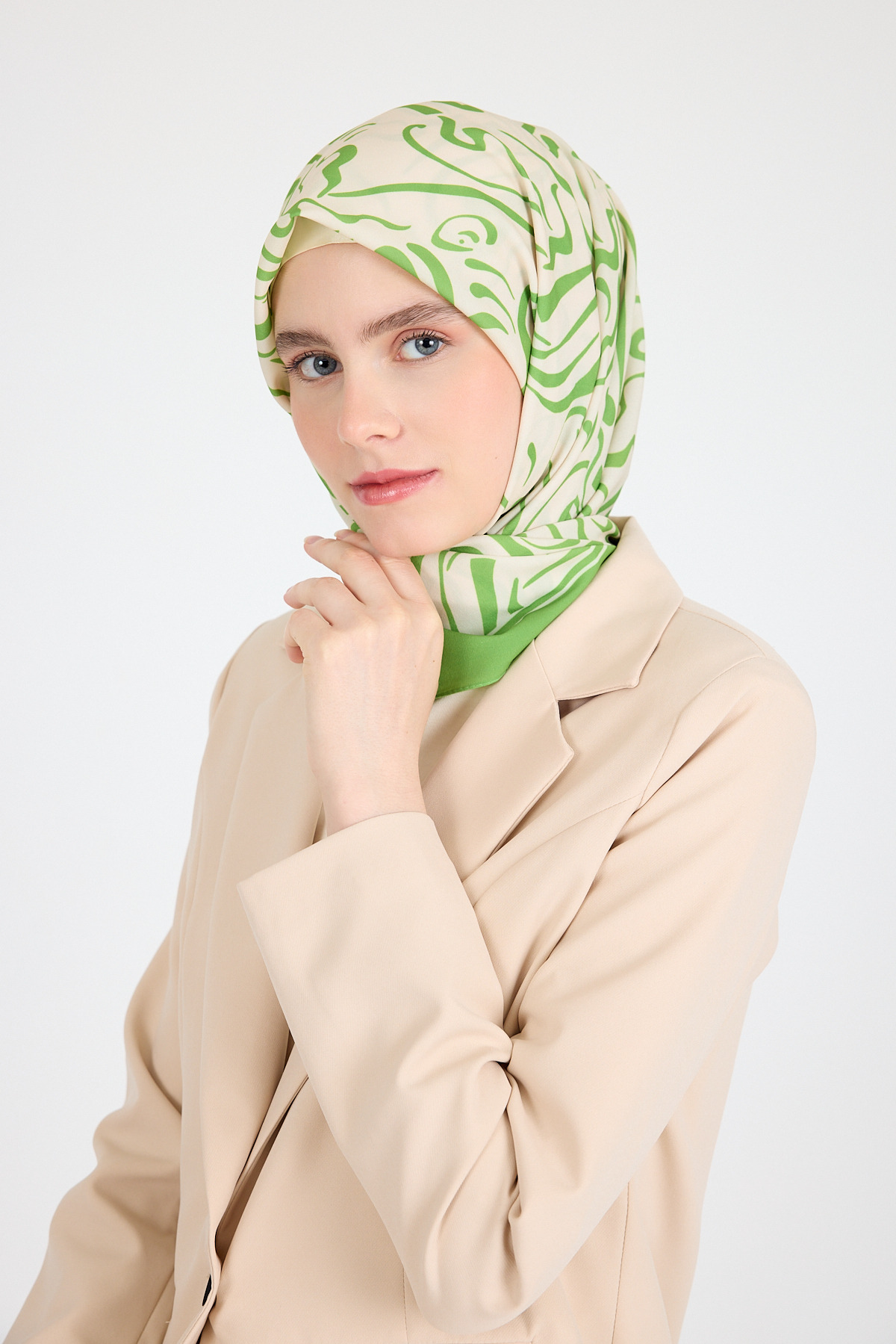 Yağ Yeşili Desenli Eşarp 5694 - 1