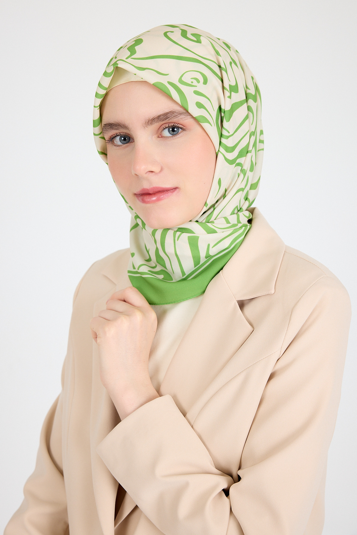 Yağ Yeşili Desenli Eşarp 5694 - 2
