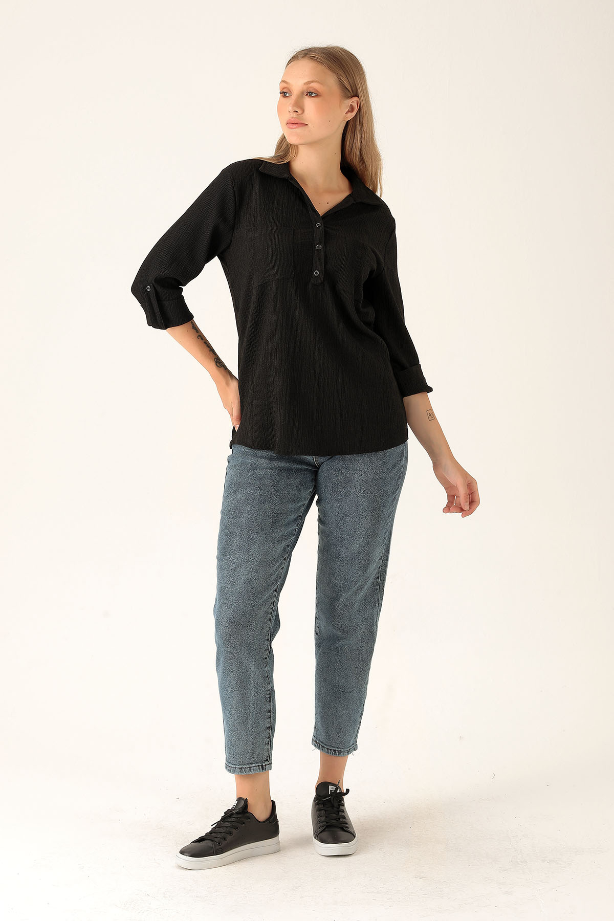 Yaka Düğmeli Bluz - 6597A Siyah - 5