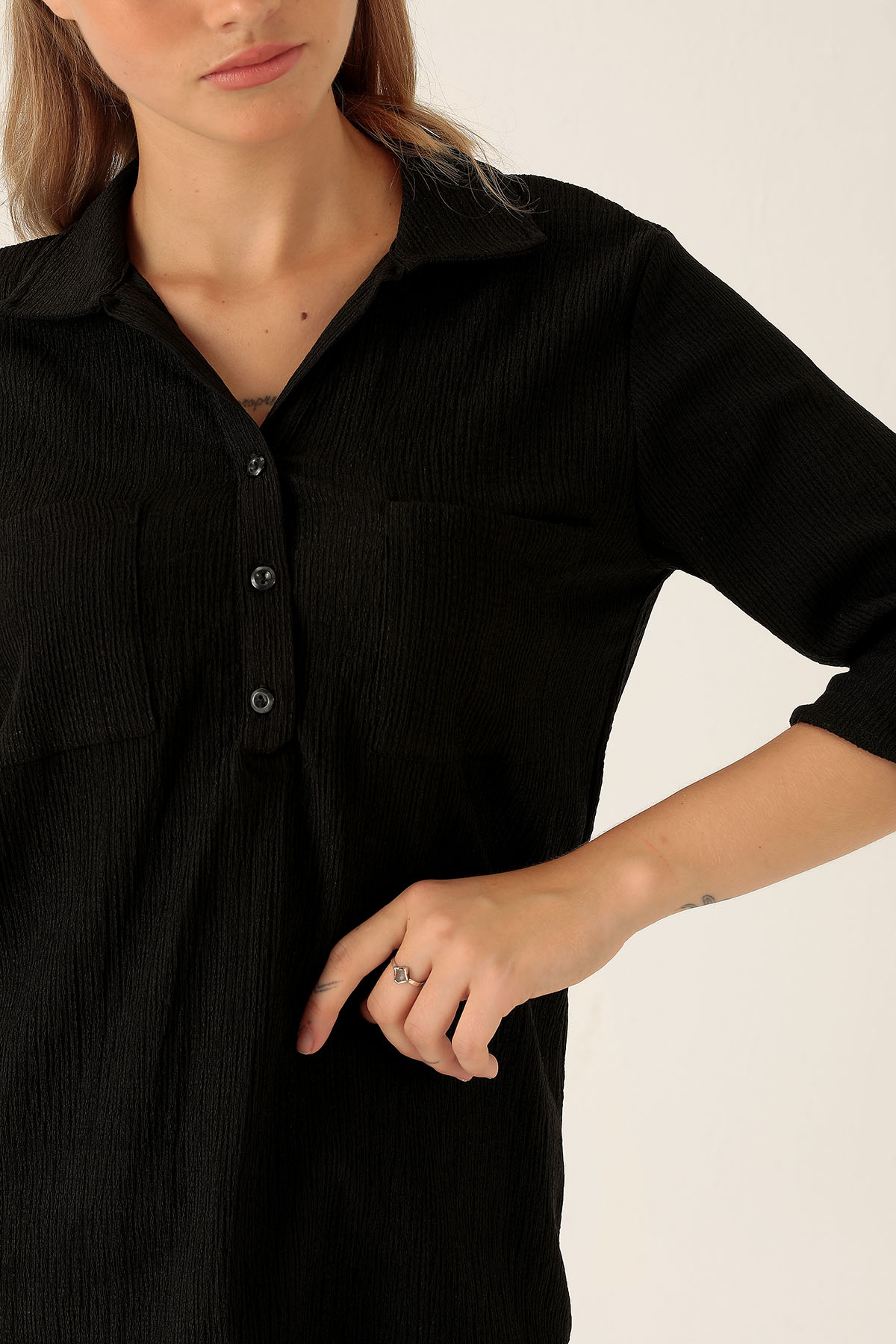 Yaka Düğmeli Bluz - 6597A Siyah - 6