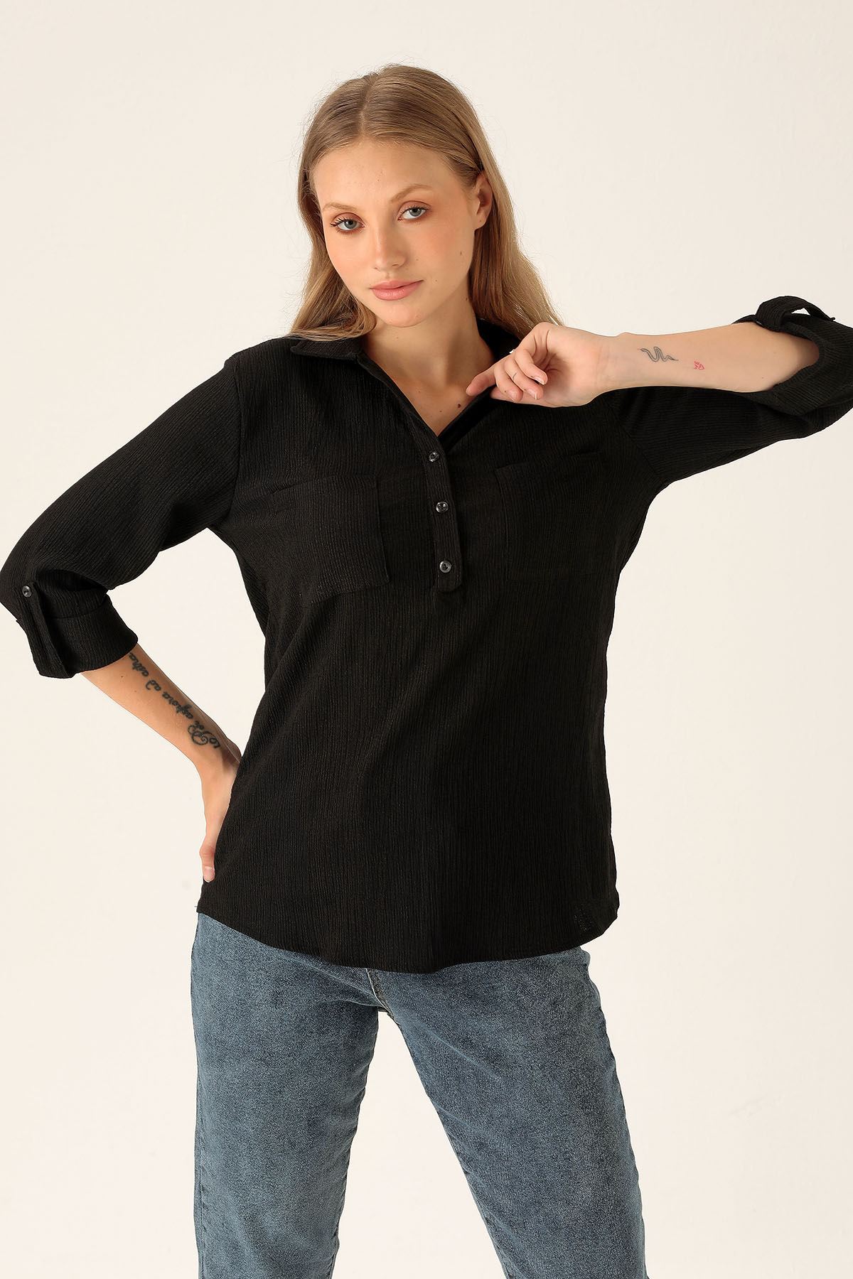 Yaka Düğmeli Bluz - 6597A Siyah - 1