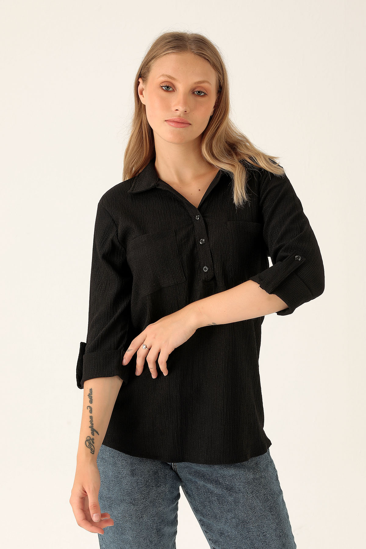 Yaka Düğmeli Bluz - 6597A Siyah - 2