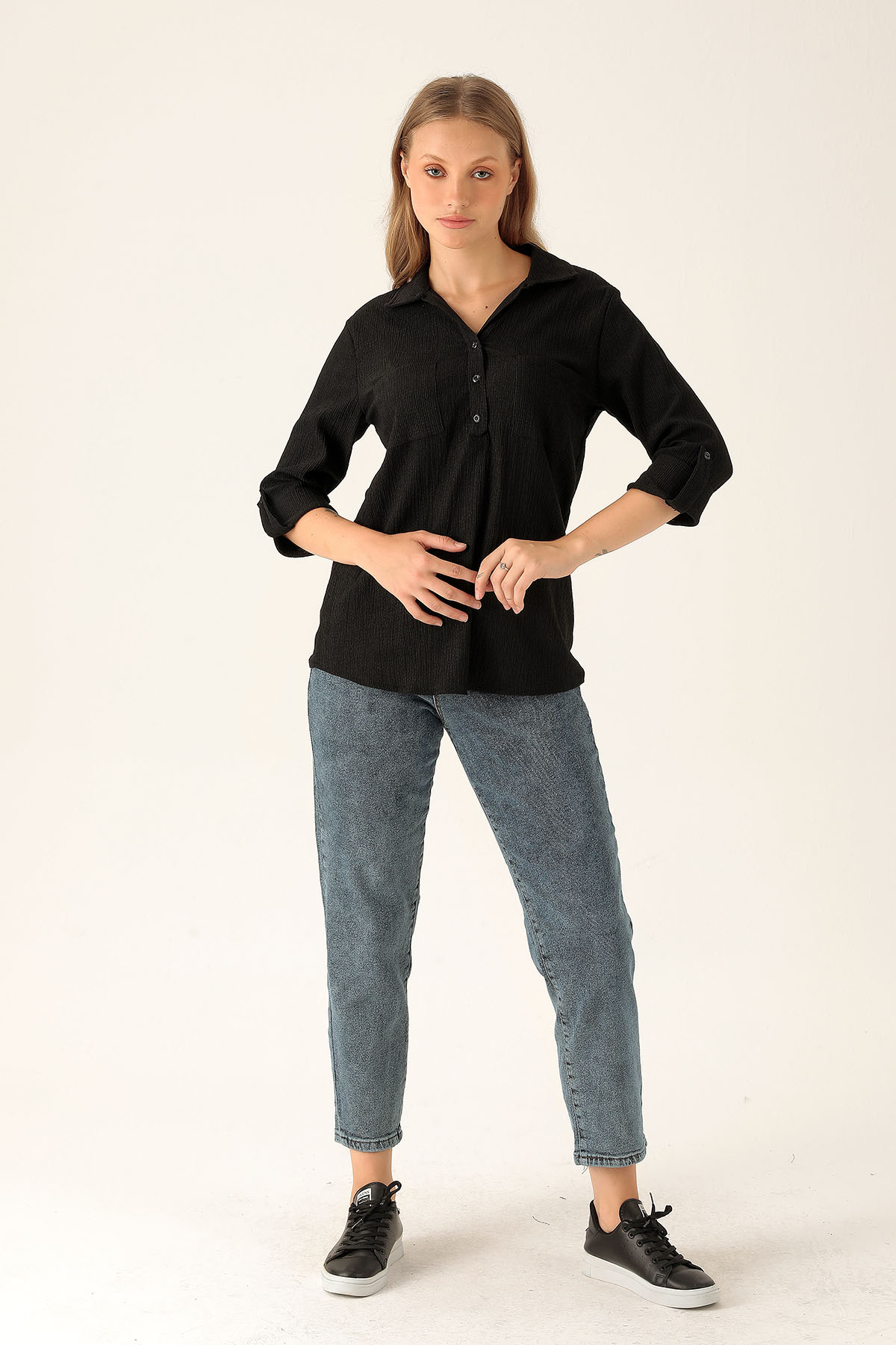 Yaka Düğmeli Bluz - 6597A Siyah - 4