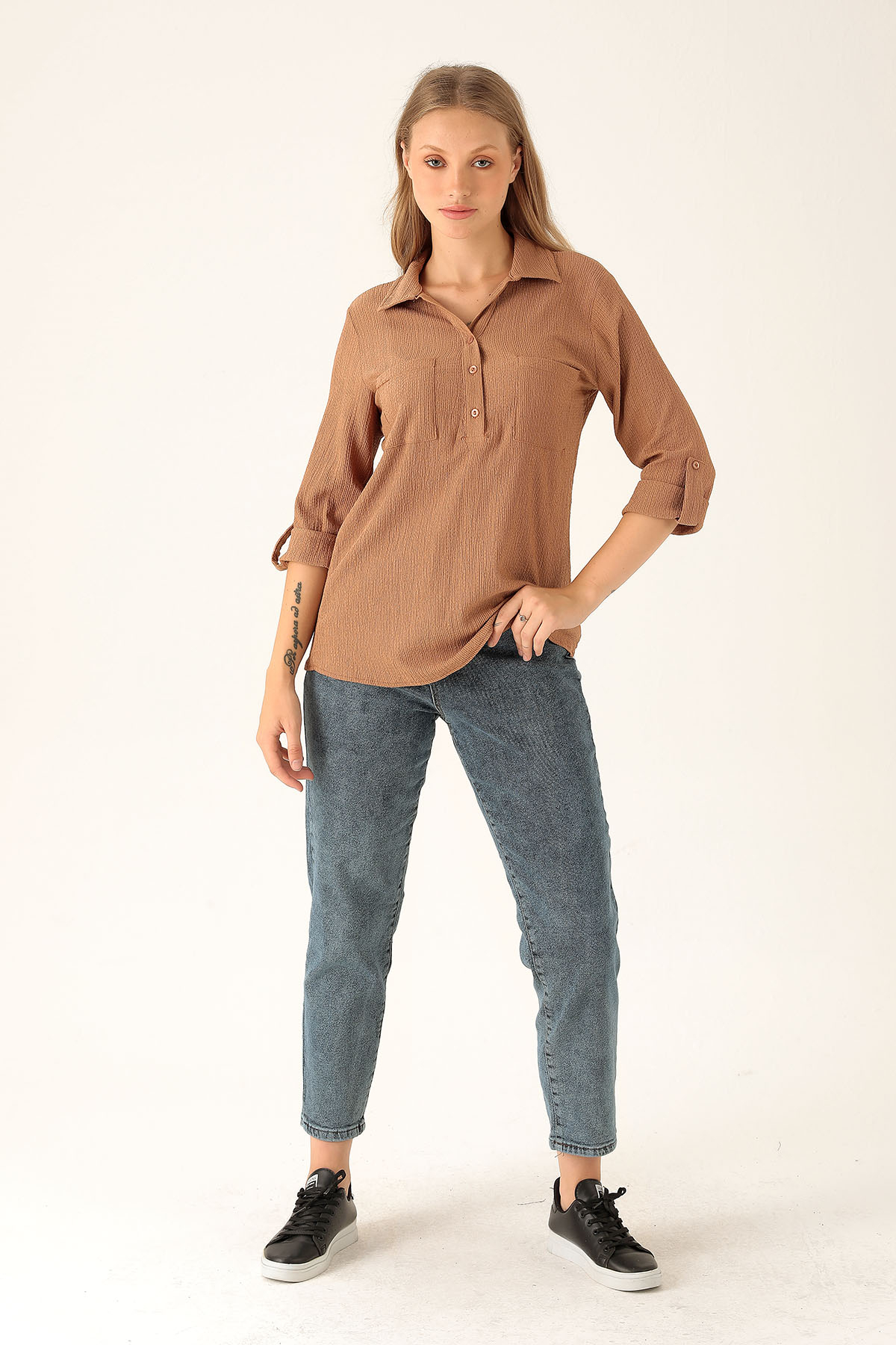 Yaka Düğmeli Bluz - 6597A Taba - 4