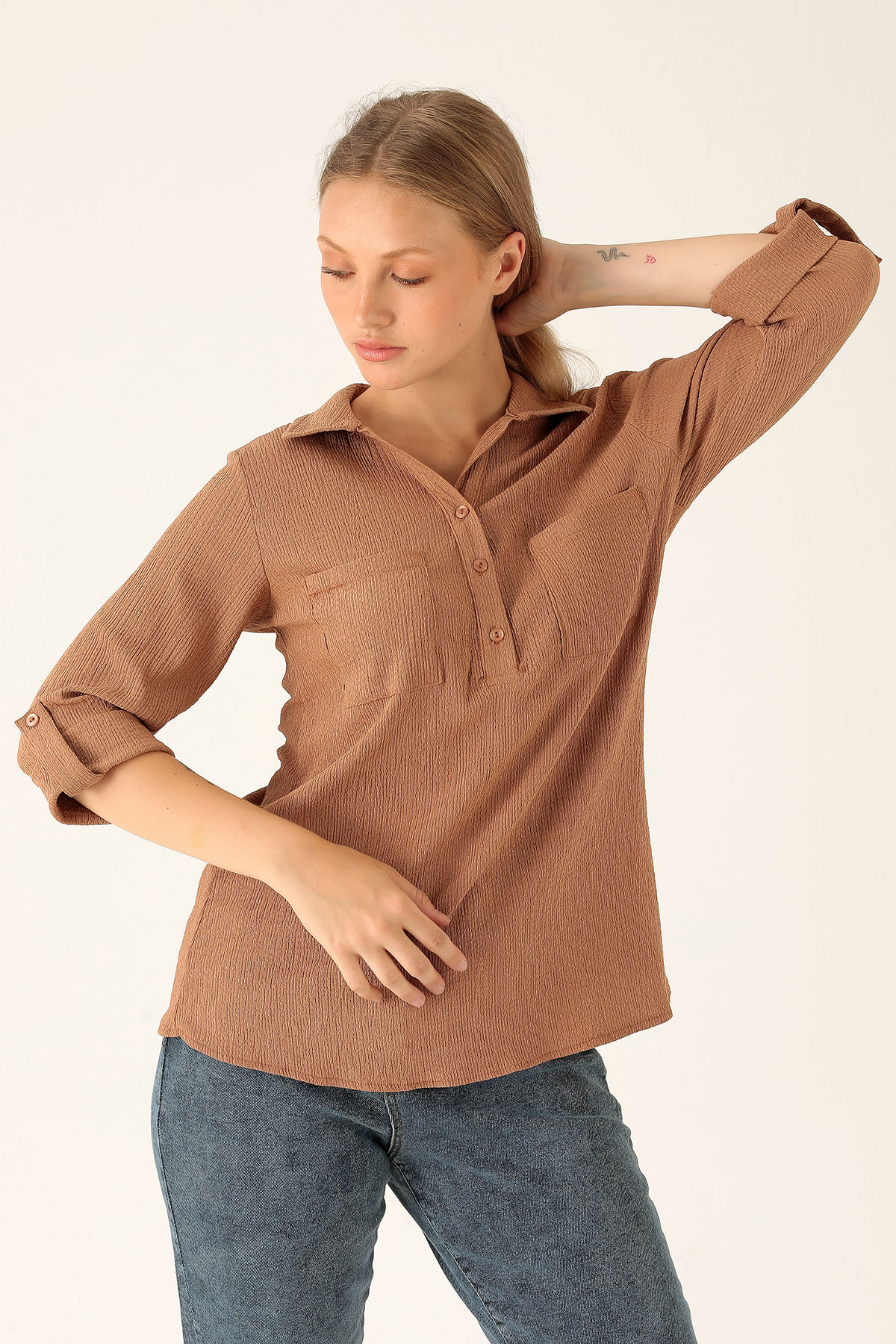 Yaka Düğmeli Bluz - 6597A Taba - 2