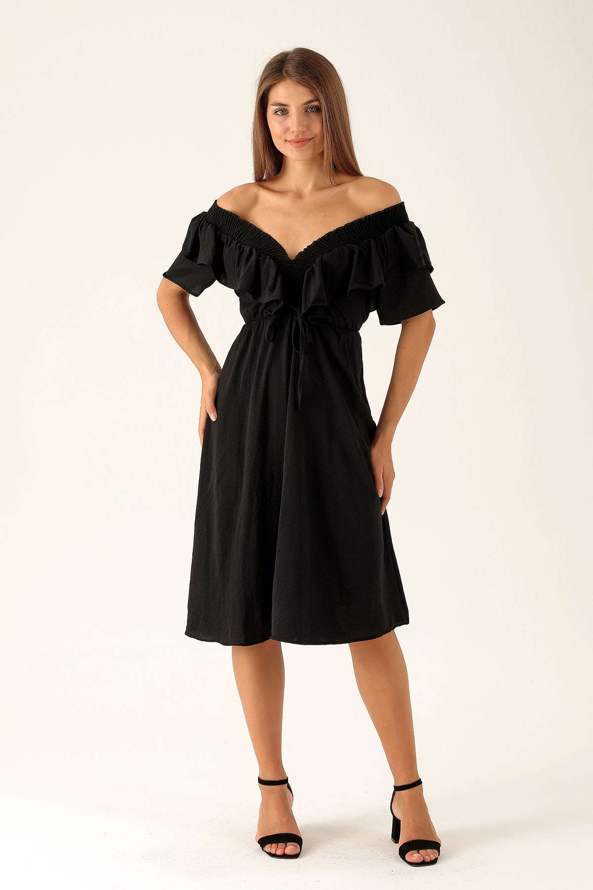 Yaka Gipe Detay Volanlı Elbise - 2620 Siyah - 1