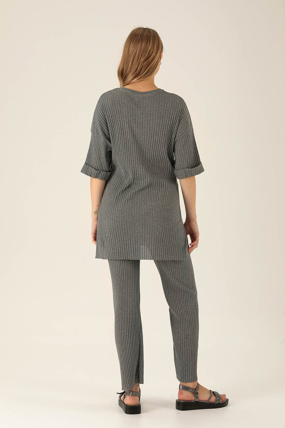 Yan Yırtmac Tişört-Bayan Pantolon Takım - 538 Koyu Gri - 5
