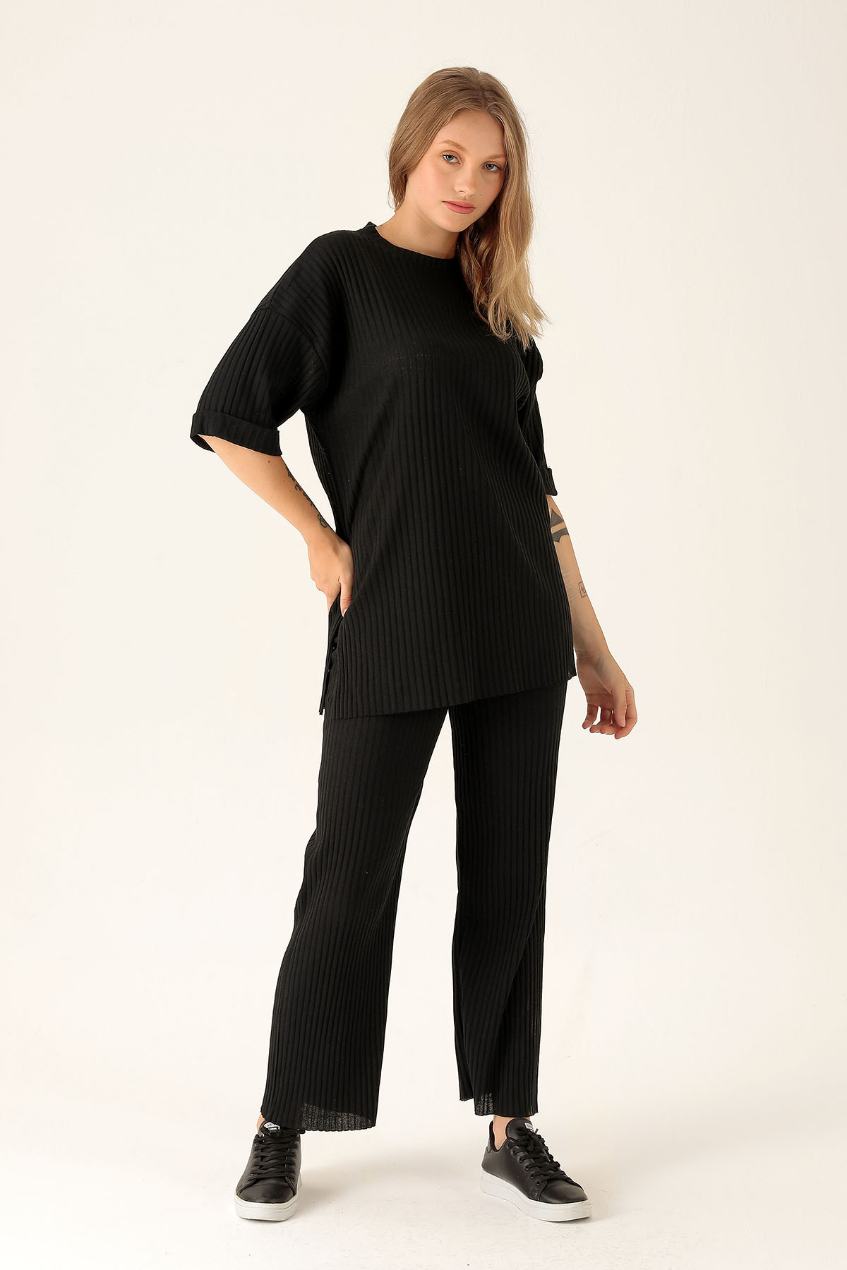 Yan Yırtmac Tişört-Bayan Pantolon Takım - 538 Siyah - 1