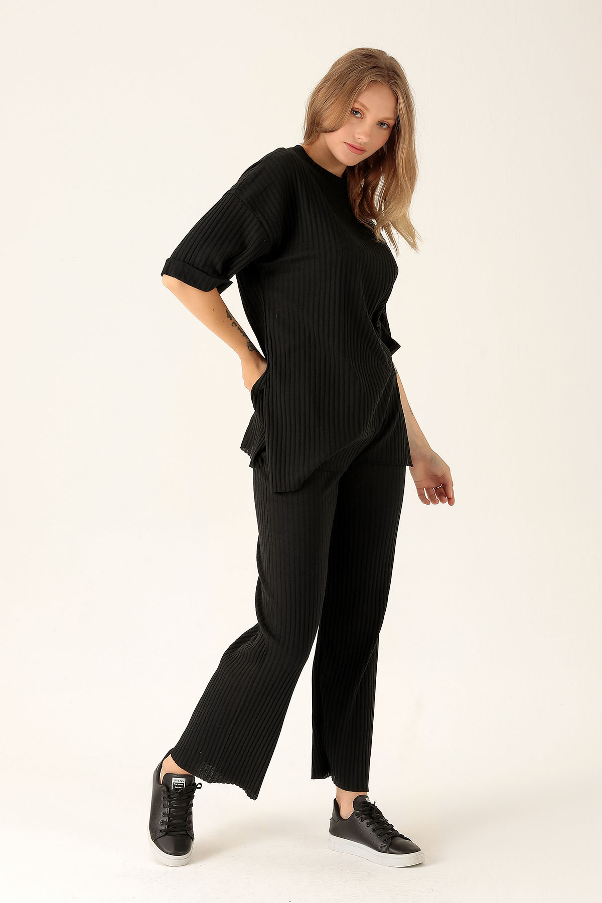 Yan Yırtmac Tişört-Bayan Pantolon Takım - 538 Siyah - 3