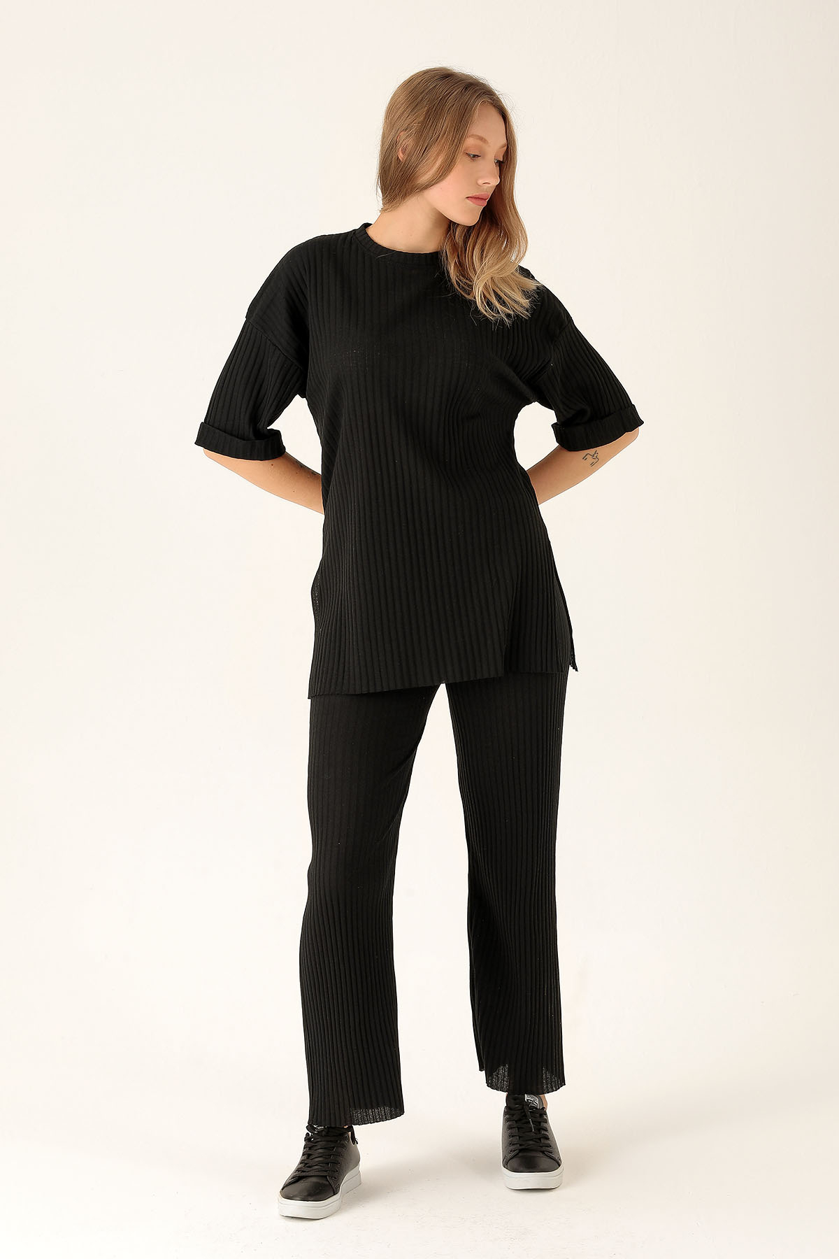 Yan Yırtmac Tişört-Bayan Pantolon Takım - 538 Siyah - 4