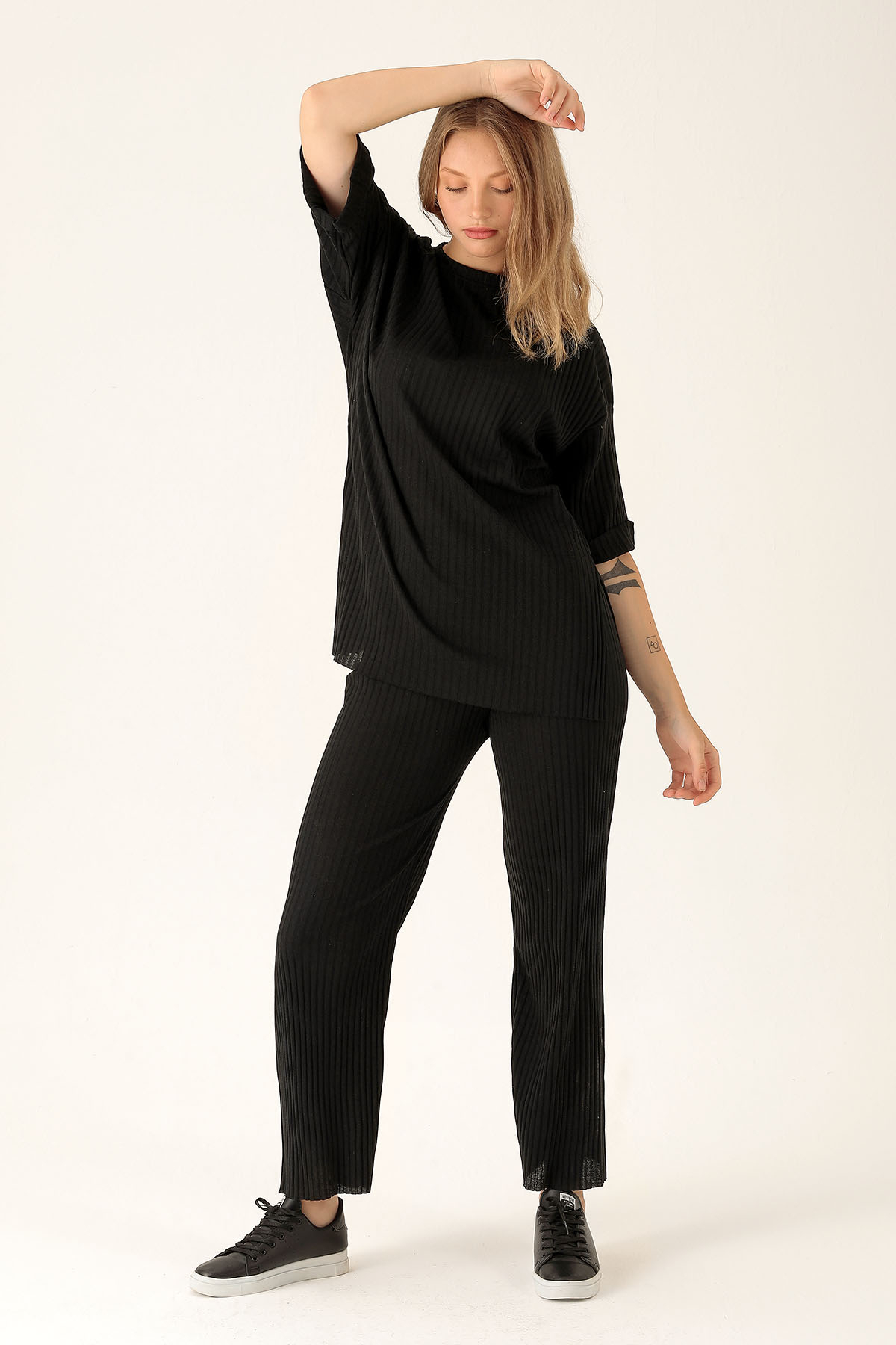 Yan Yırtmac Tişört-Bayan Pantolon Takım - 538 Siyah - 2