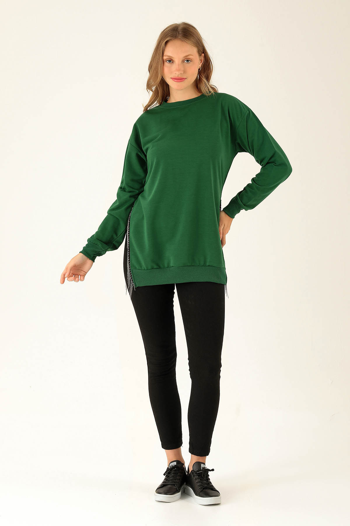 Yan Yırtmaç Zincirli Bayan Sweat - 0011 Benetton Yeşili - 4