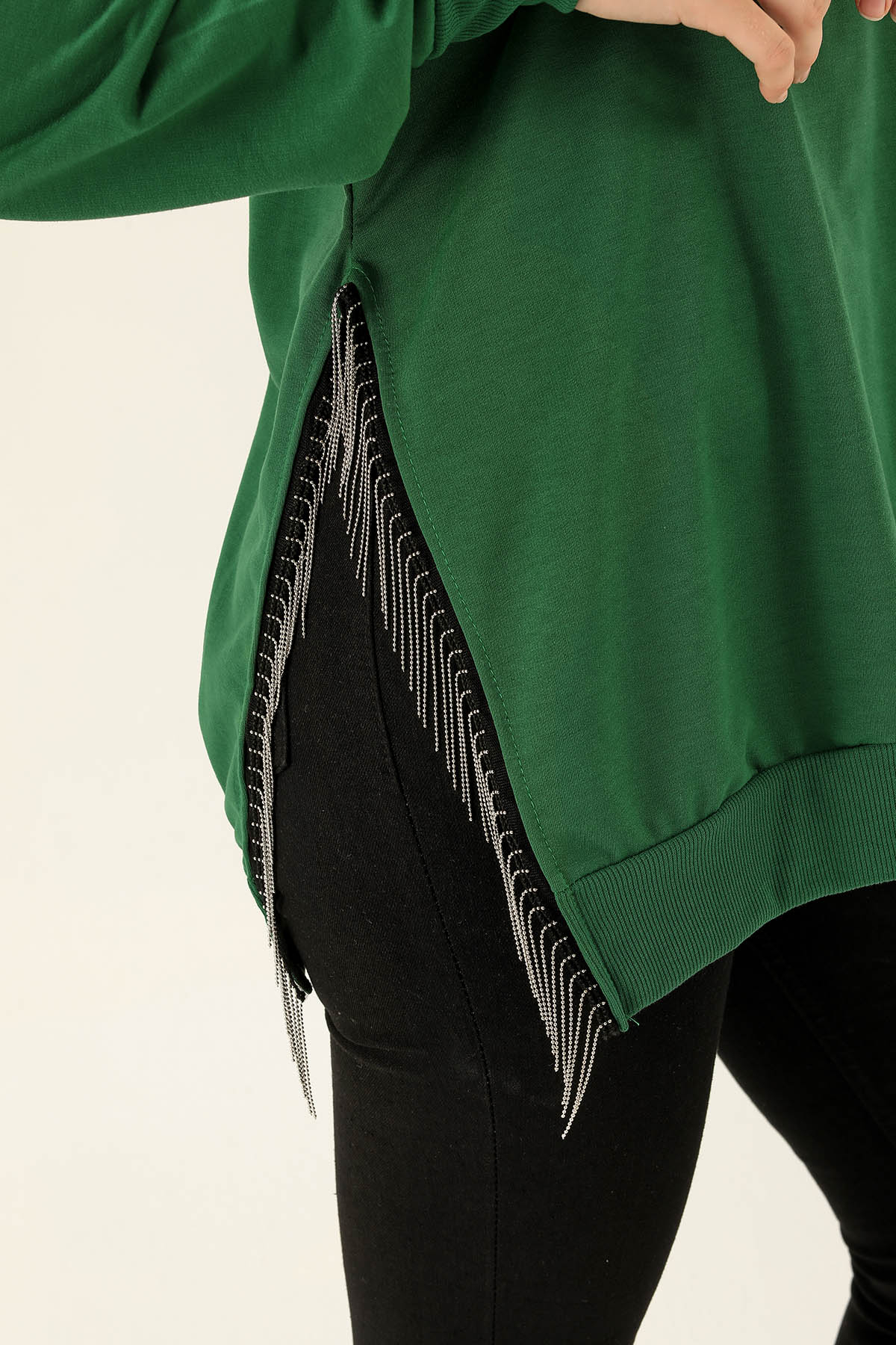 Yan Yırtmaç Zincirli Bayan Sweat - 0011 Benetton Yeşili - 6