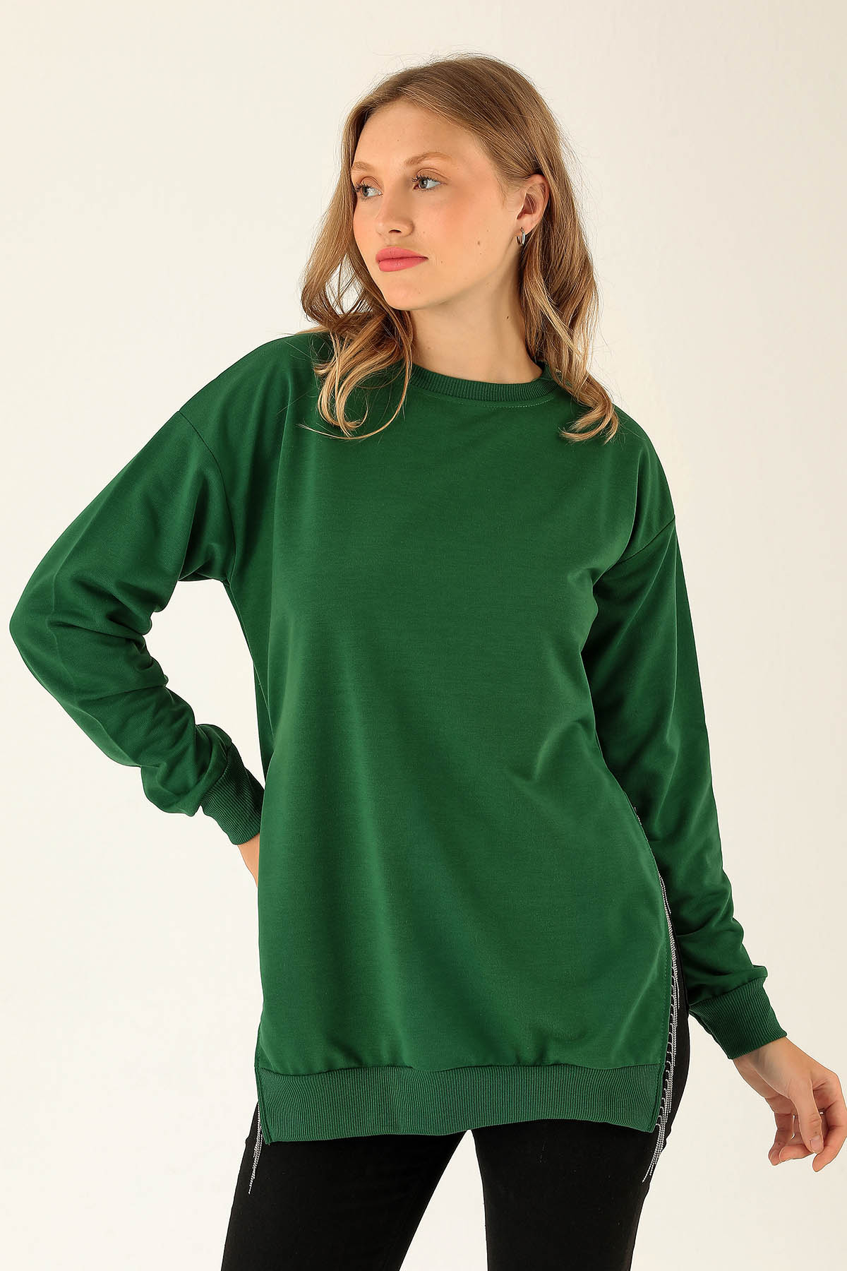 Yan Yırtmaç Zincirli Bayan Sweat - 0011 Benetton Yeşili - 1