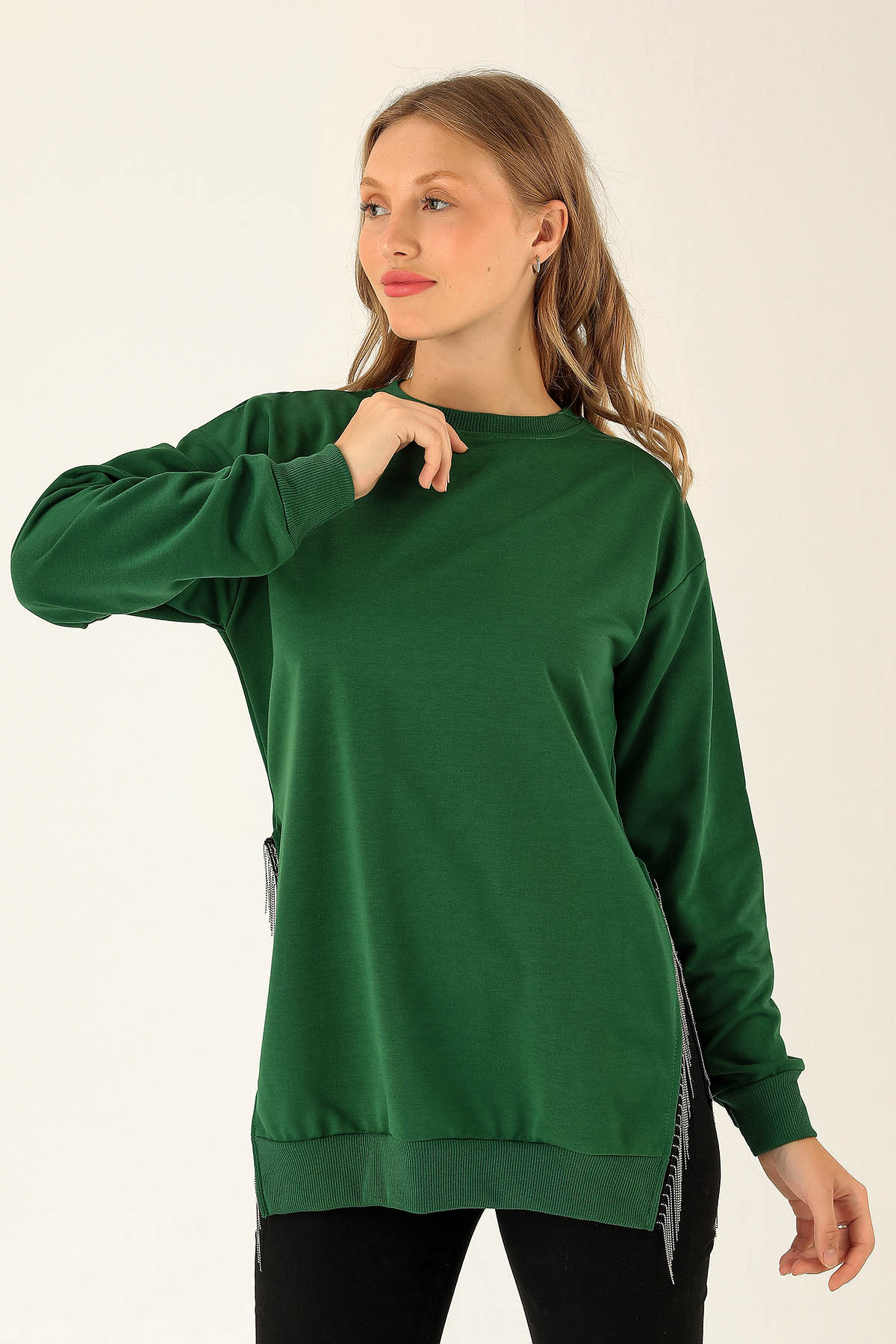 Yan Yırtmaç Zincirli Bayan Sweat - 0011 Benetton Yeşili - 2