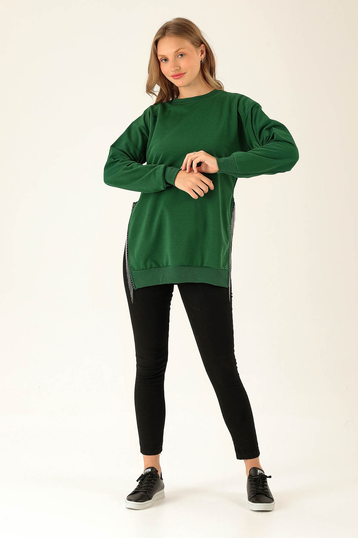 Yan Yırtmaç Zincirli Bayan Sweat - 0011 Benetton Yeşili - 3