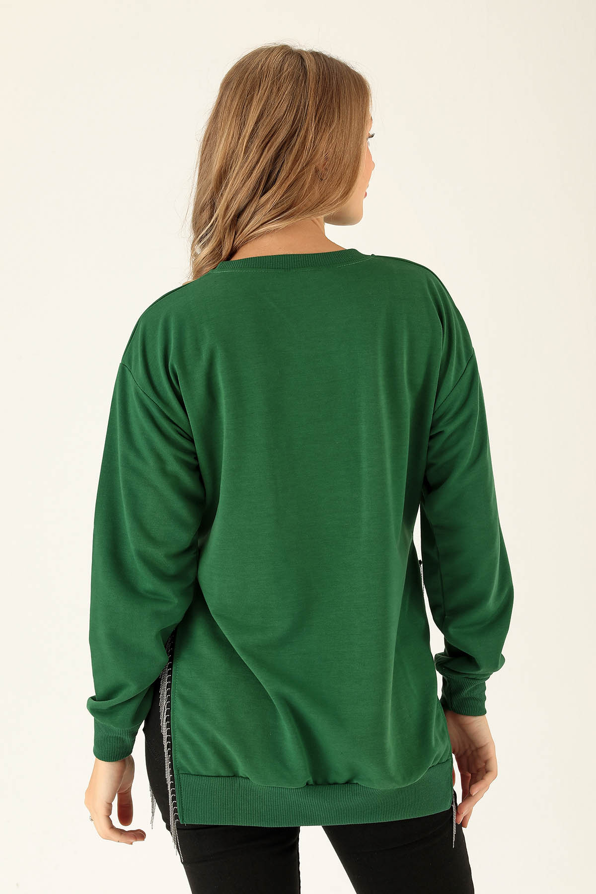 Yan Yırtmaç Zincirli Bayan Sweat - 0011 Benetton Yeşili - 5